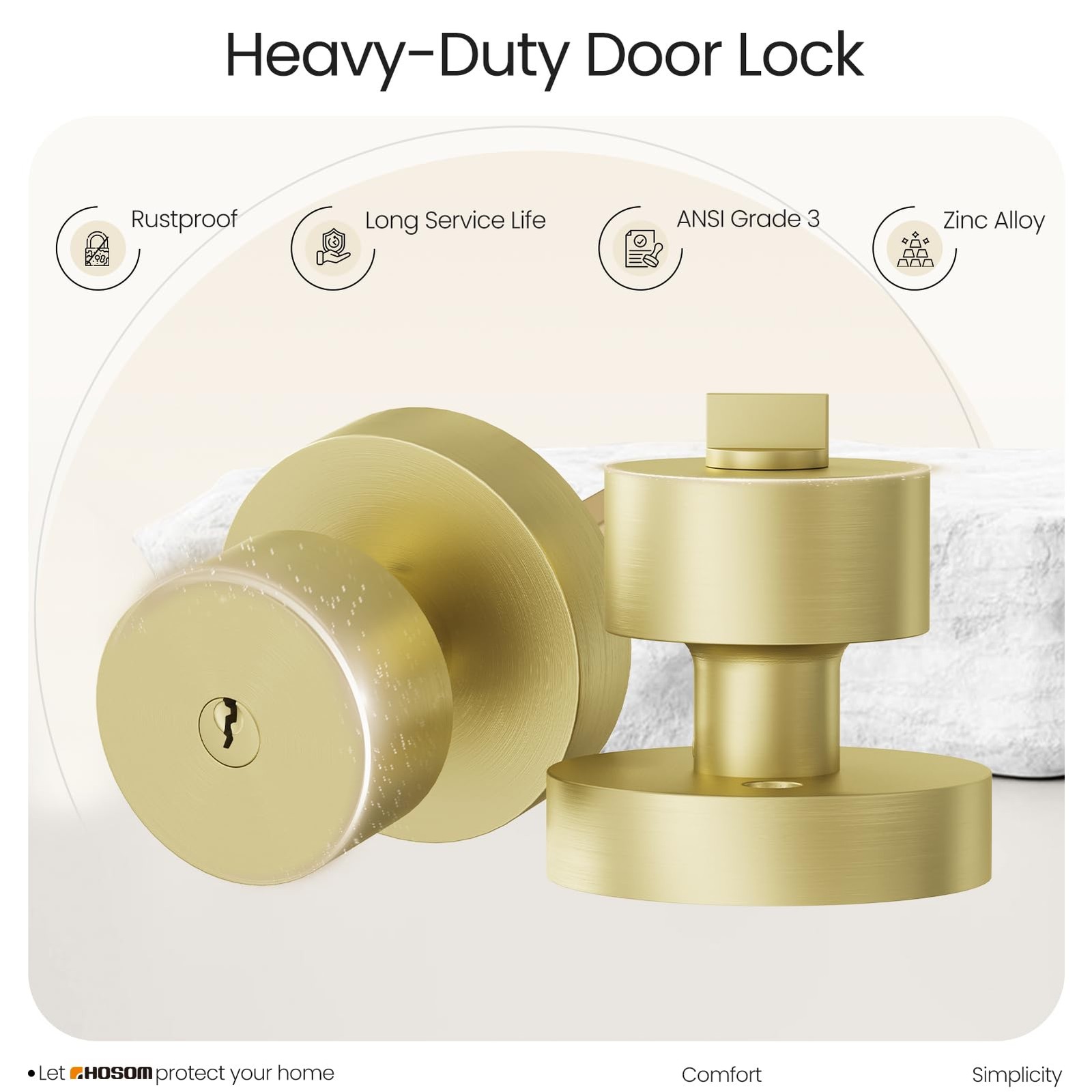 HOSOM Gold Door Knobs with Lock and Key, Keyed Entry Knob Gold,