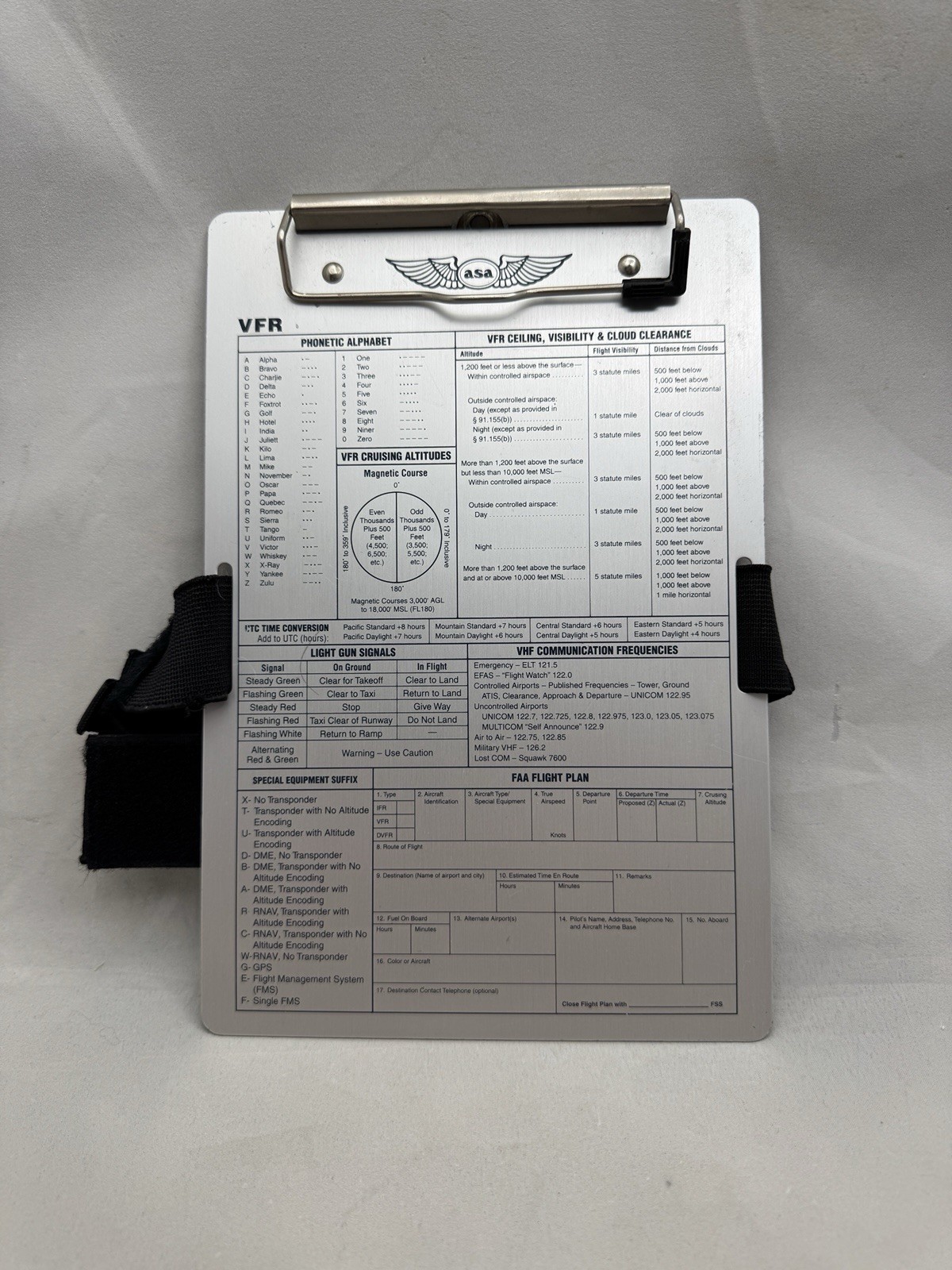 ASA VFR Kneeboard for Pilots Flight Plan Phonetic Alphabet Clipboard Band