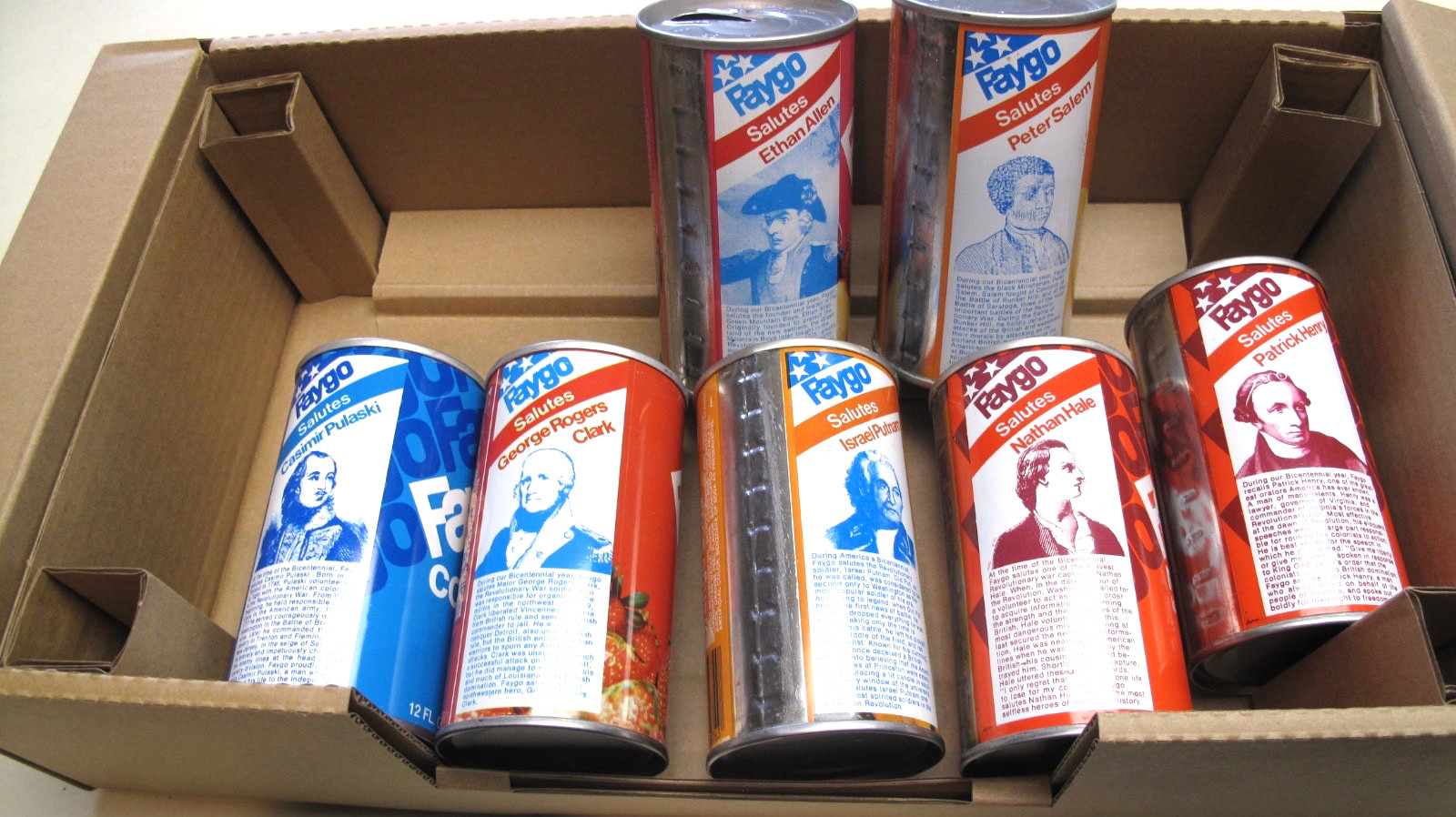 Vintage 1976 Bicentennial FAYGO "Salutes"  12 oz Aluminum Pull Tab Cans Lot of 7