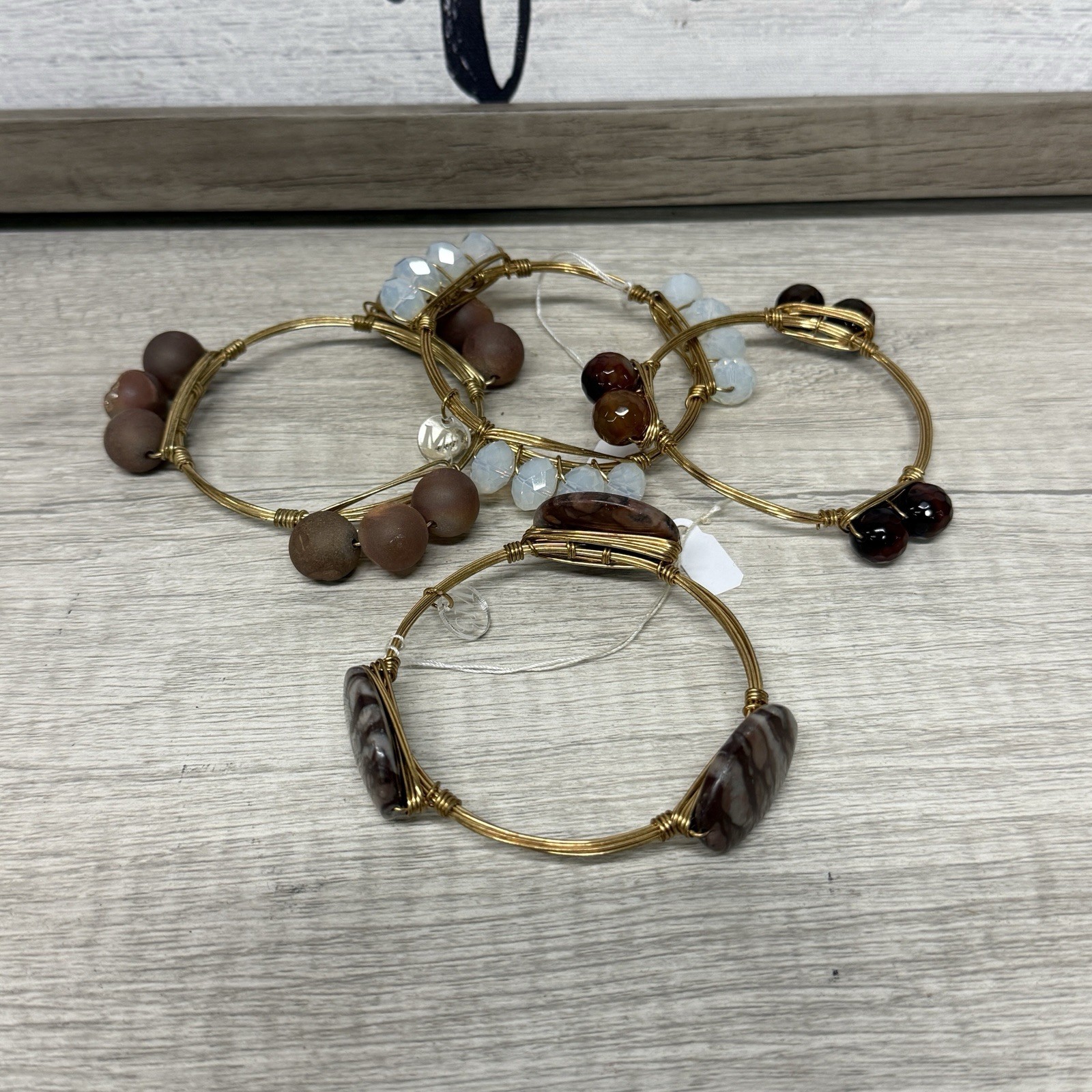 Curated Earthy Boho Bracelet Stack Wire Wrapped Agate Opalescent Artisan