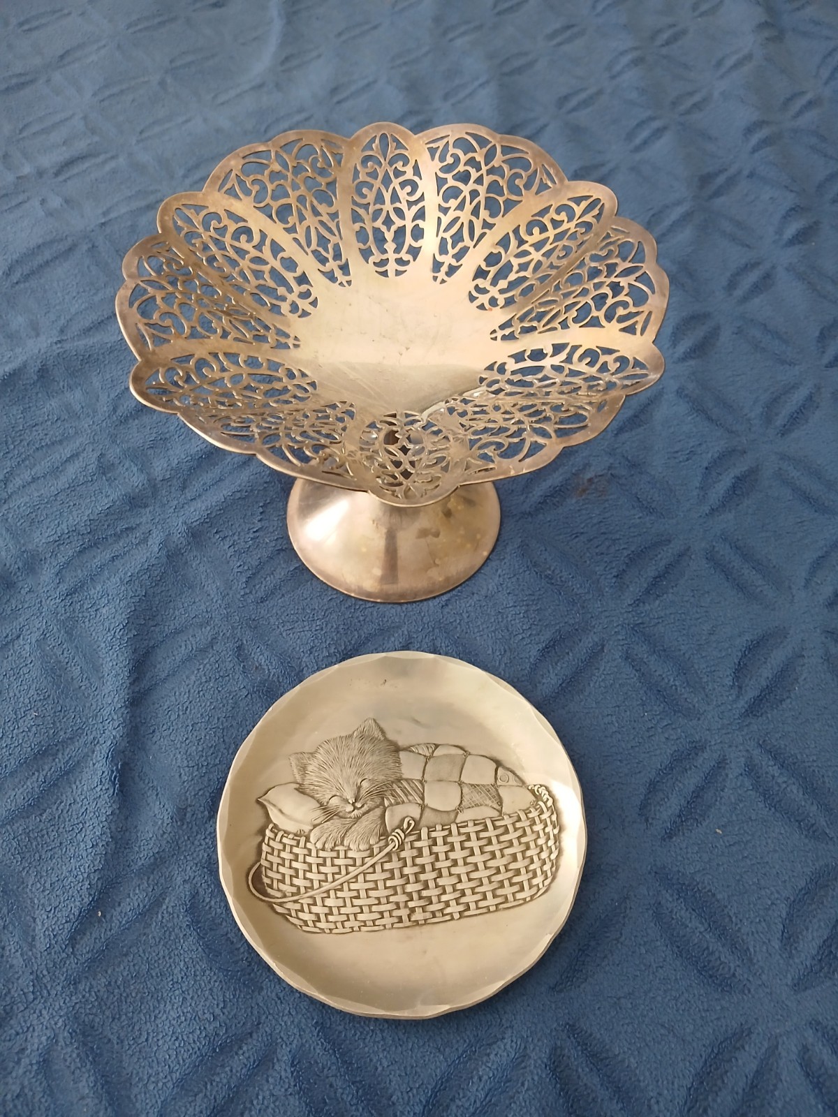 Vintage 1930s Filigree Compote Candy Dish & Wendel August Forge Kitten In Basket