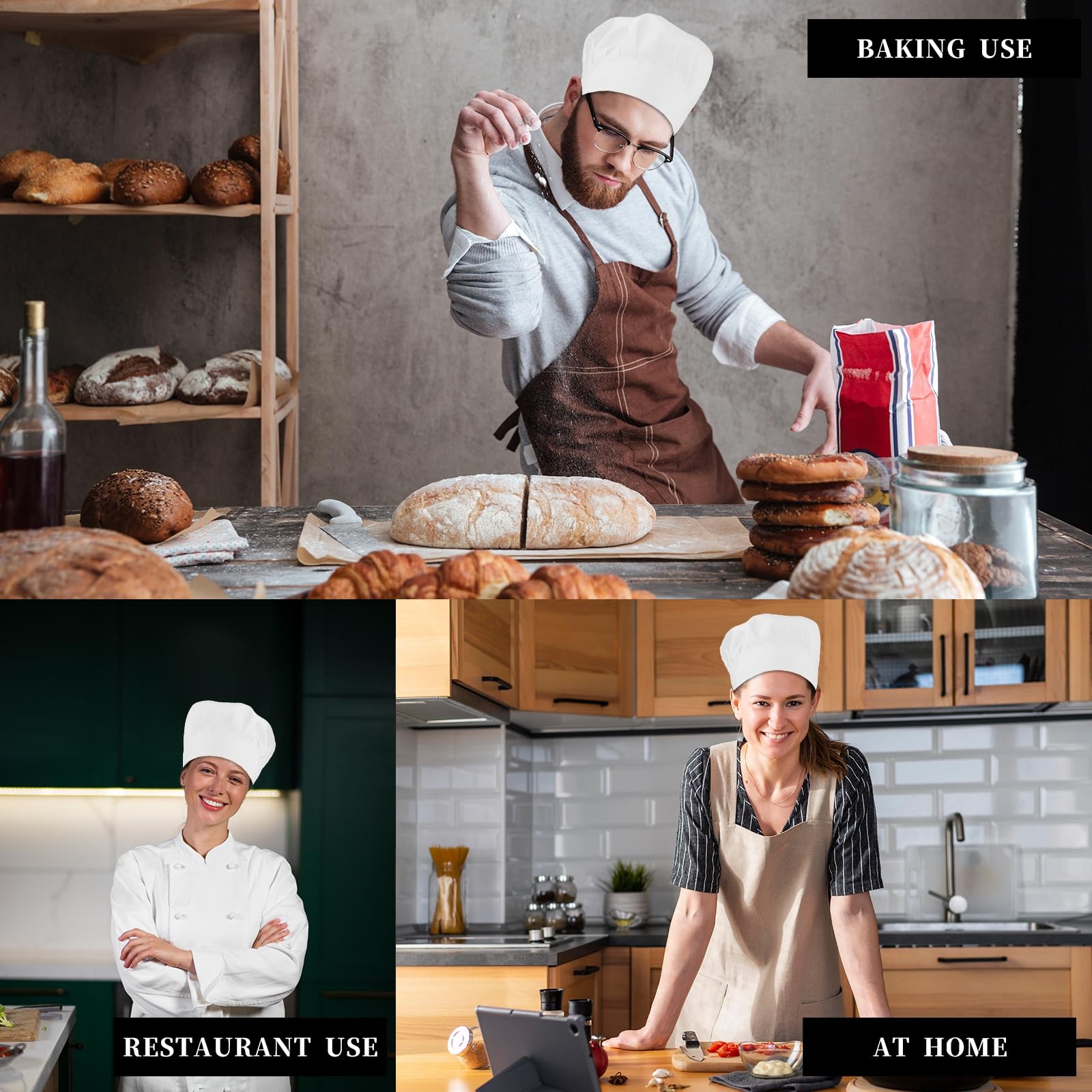 Tiesome 2Pcs Adjustable Elastic Chef Hat Reusable And Washable Durable Pure