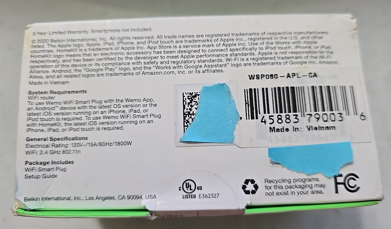 WeMo WSP080 120V Smart Plug, White - 2 Plugs - NEW