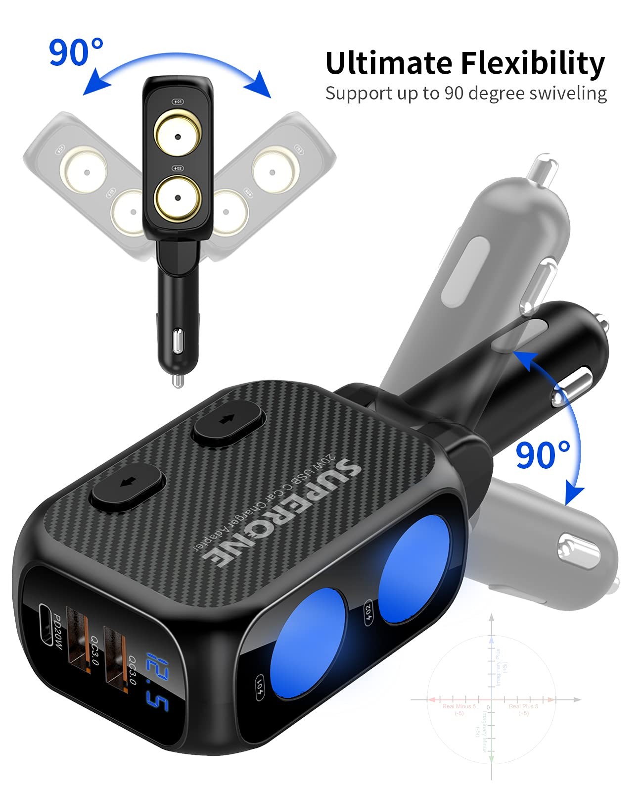 SUPERONE 180W Cigarette Lighter Splitter with 20W PD, 2-Socket black