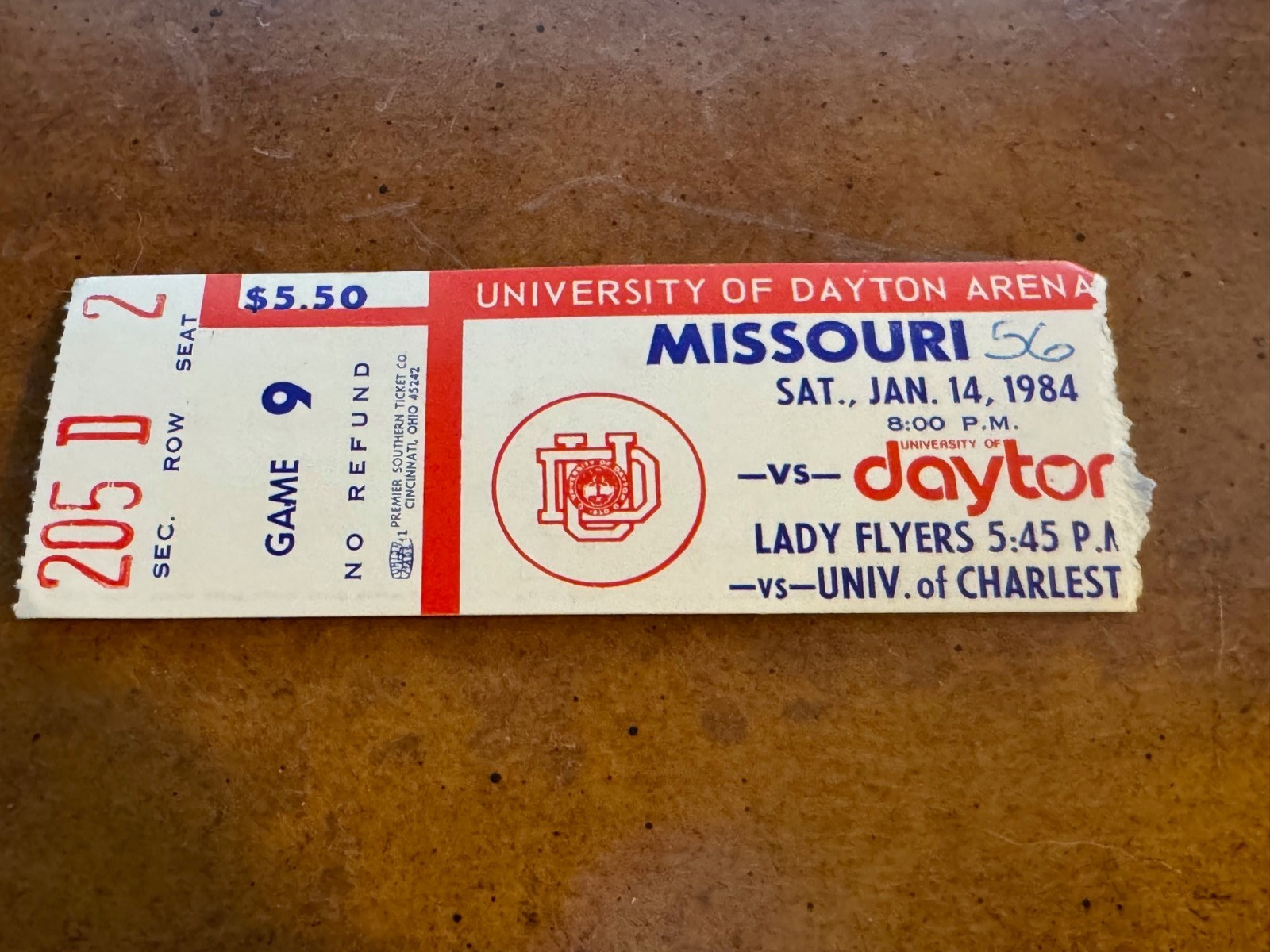 1984 Dayton Flyers Missouri Tigers Mizzou Basketball Ticket Malcolm Thomas 1/14