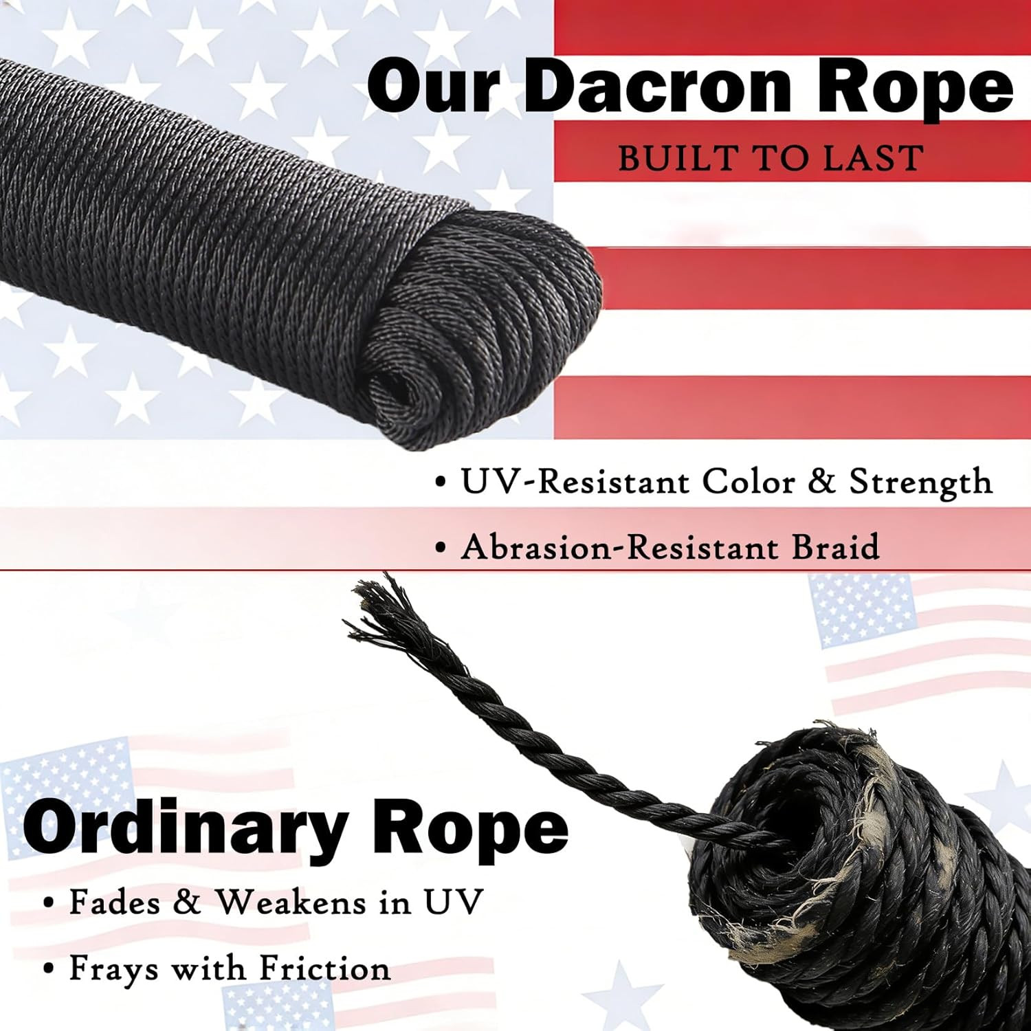 Black Dacron Polyester Rope 1/8 Inch 100Ft,High Density UV Resistant Braided Cor