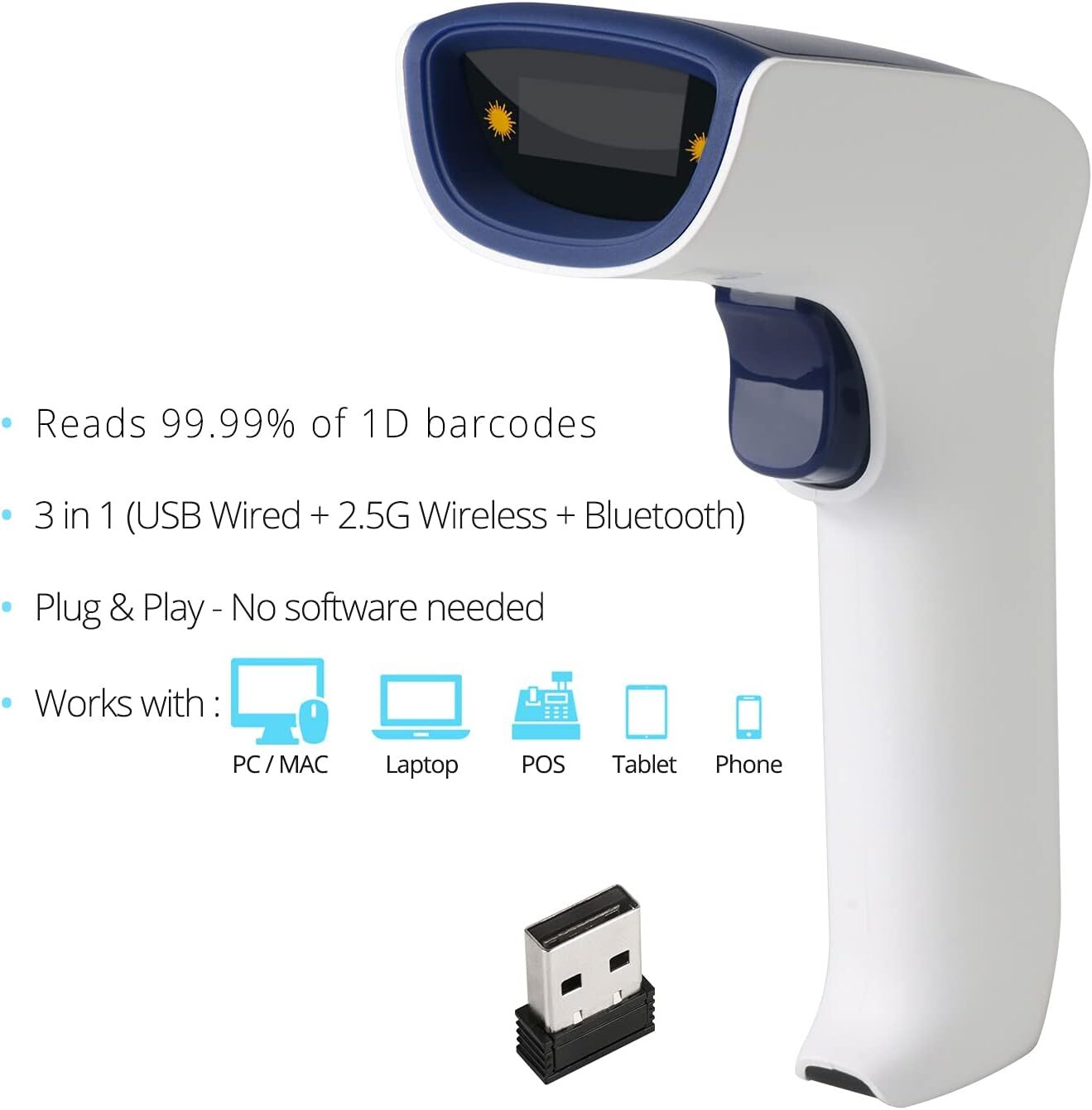 Wireless, Rechargeable Bluetooth 3-in-1 Handheld Barcode Scanner USB Barcode/QR