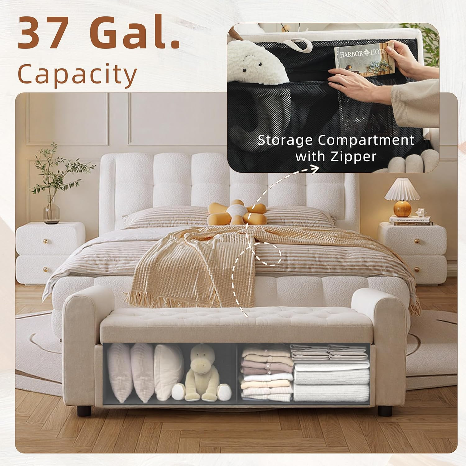 48" Ottoman with Storage, Tufted Storage Ottoman Bench, Convenient Living Room F