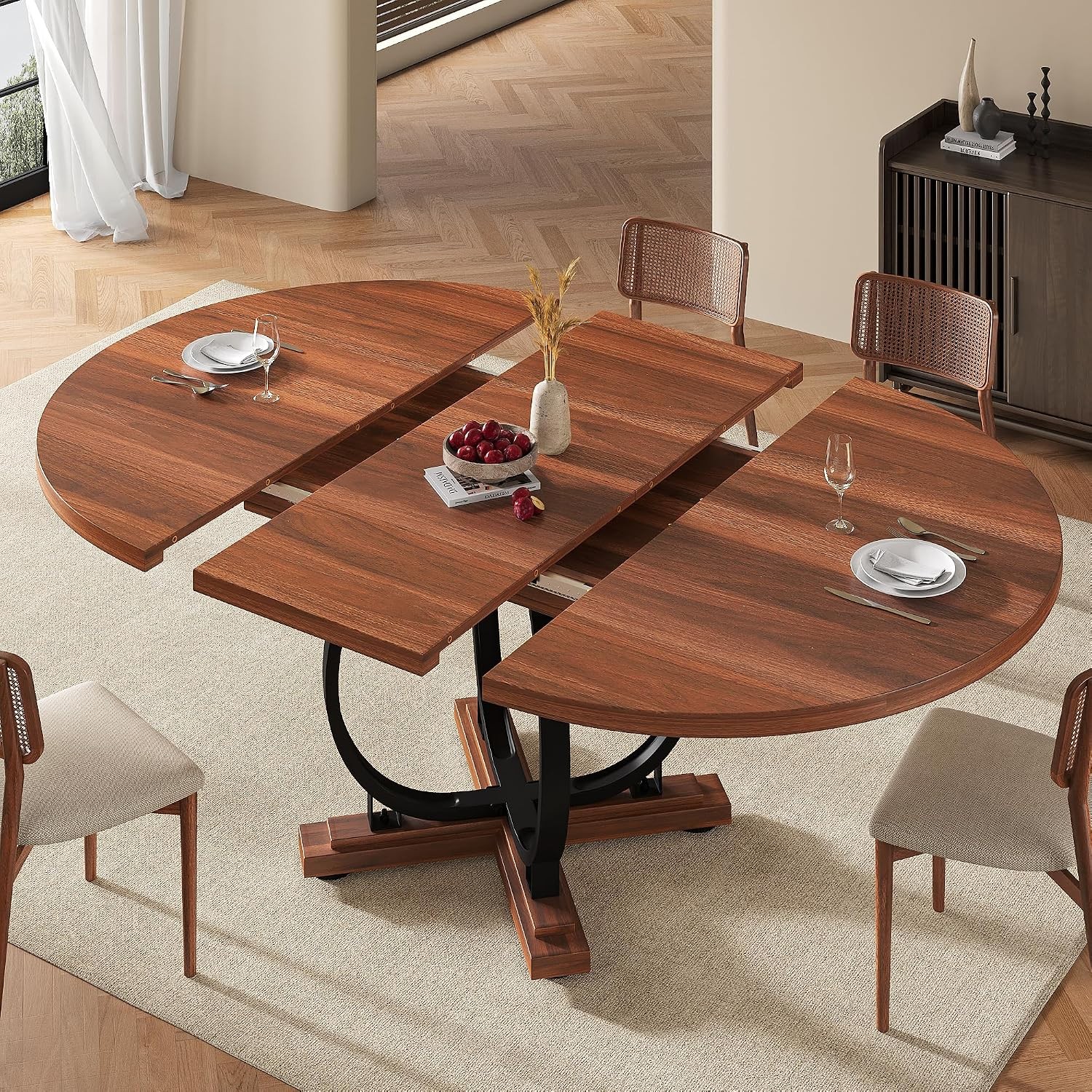 59" Extendable Round Dining Table Modern Oval Kitchen Table W/ Heavy Duty