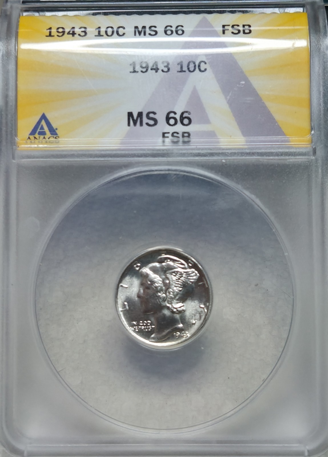 ANACS MS 66 FSB (Full Bands) - 1943 P Silver Mercury Dime. Strong 4 Grade A1405.