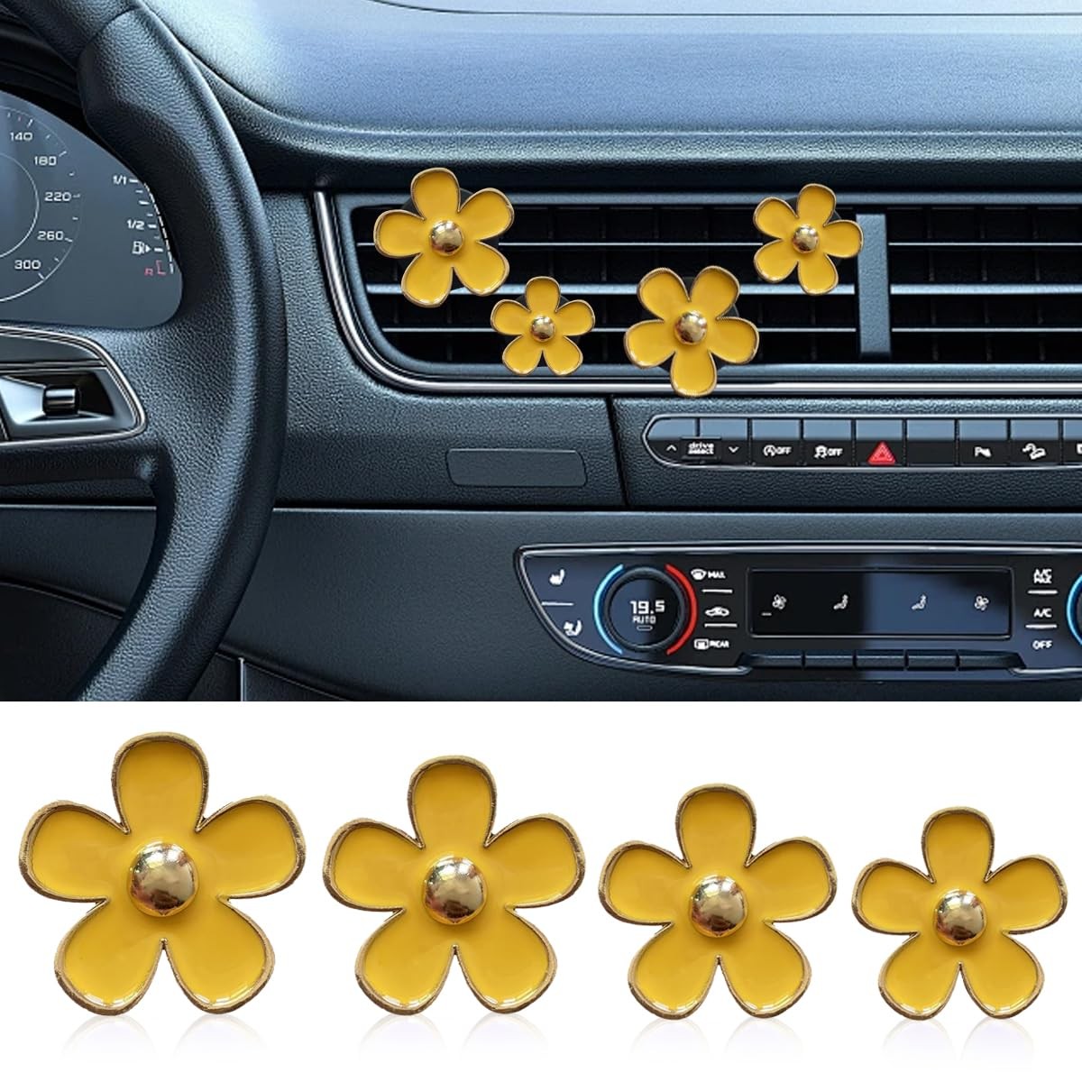 4PCS Daisy Air Vent Clips, Cute Flower Clip, Car Conditioning Yellow