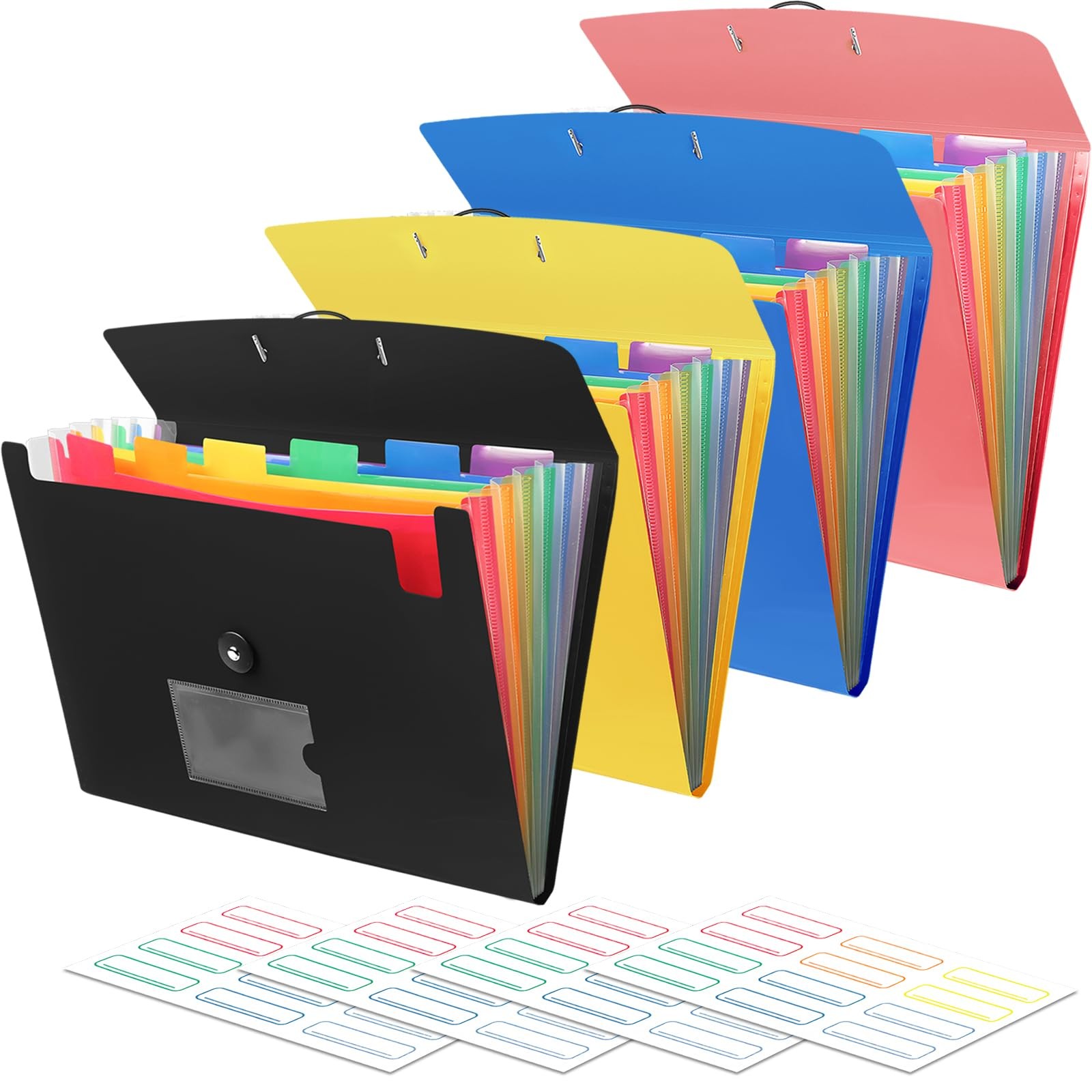 4 Pack 7 Pocket Accordian File 4 7 pocket, Black, Yellow, Blue, Pink
