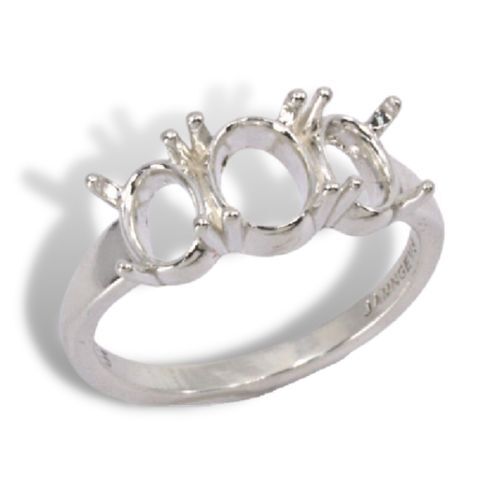 Sterling Oval Three Stone Low Profile Pre-notched Ring Mounting Size 5-11