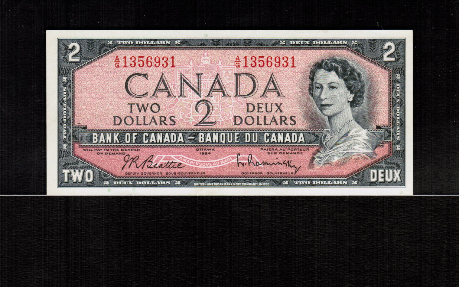 Canada $2 1954 Beattie/Rasminsky A/G 1356931 Changeover UNC - Rare