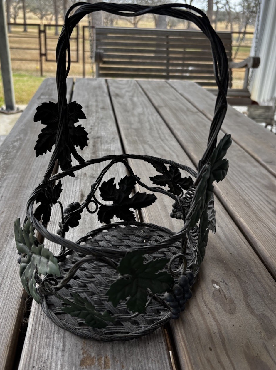 Vintage Sturdy Open Weave Metal Basket Black w/Handle Multi-Use 7.5"w 8.5L 10.5h