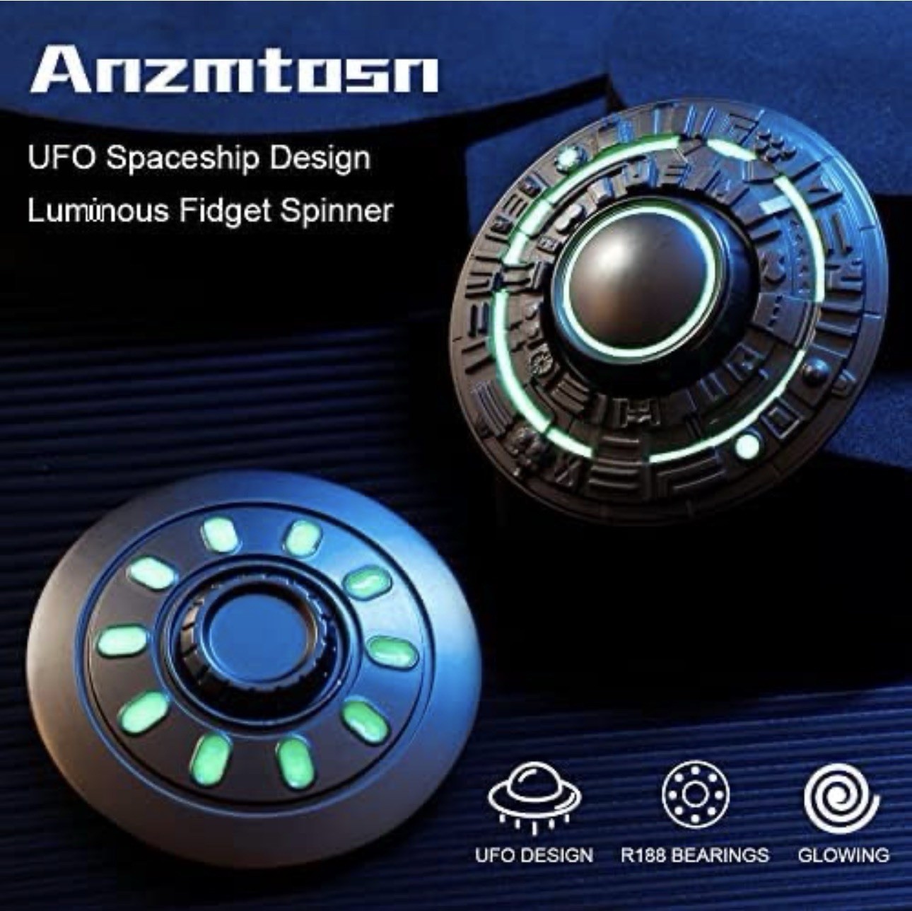 Anzmtosn UFO Spaceship Luminous Metal Fidget Spinner Black Green R188 Bearings