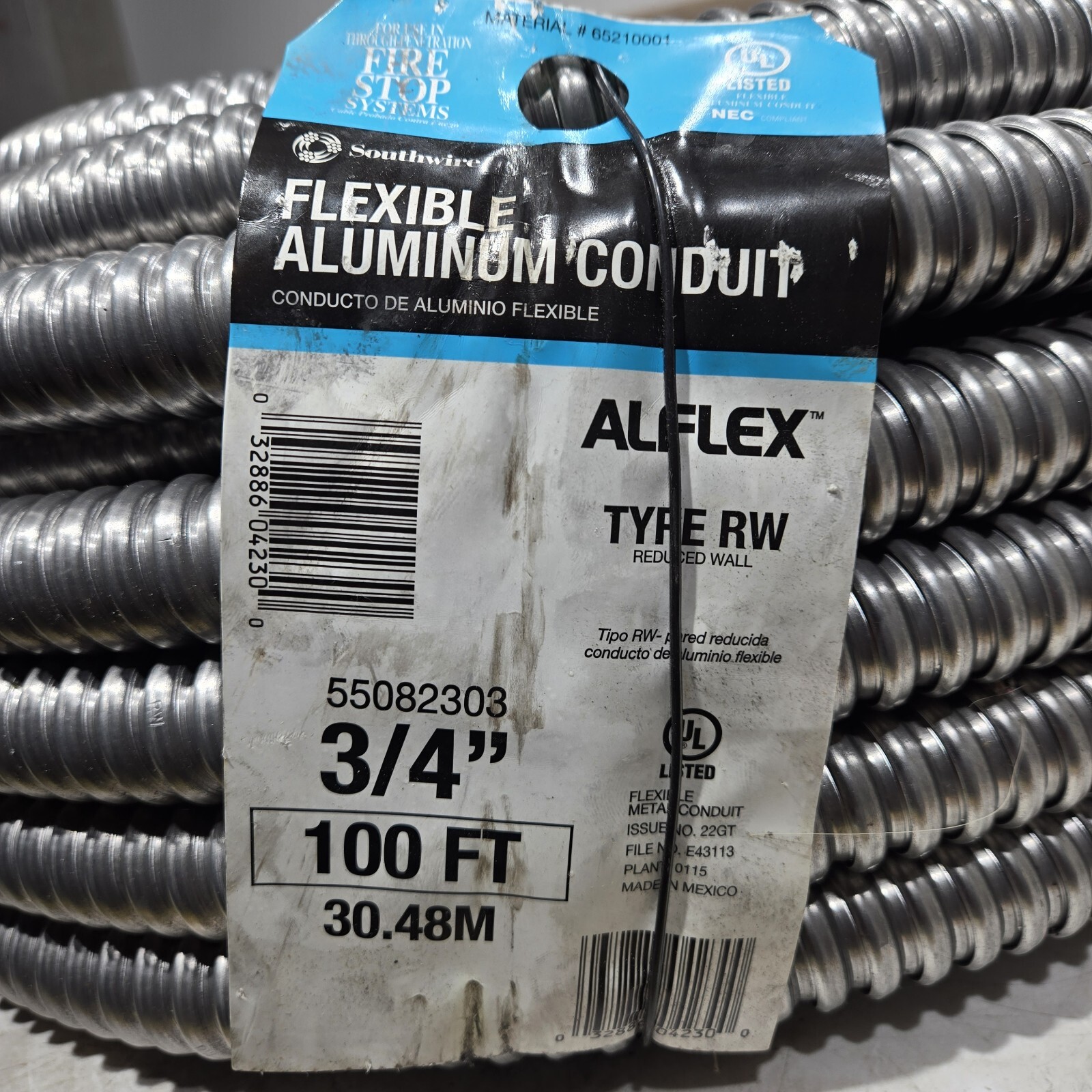 Southwire 55082303 ALFLEX Flexible Aluminum Conduit, 3/4 in, 100 ft L, 30.48.M