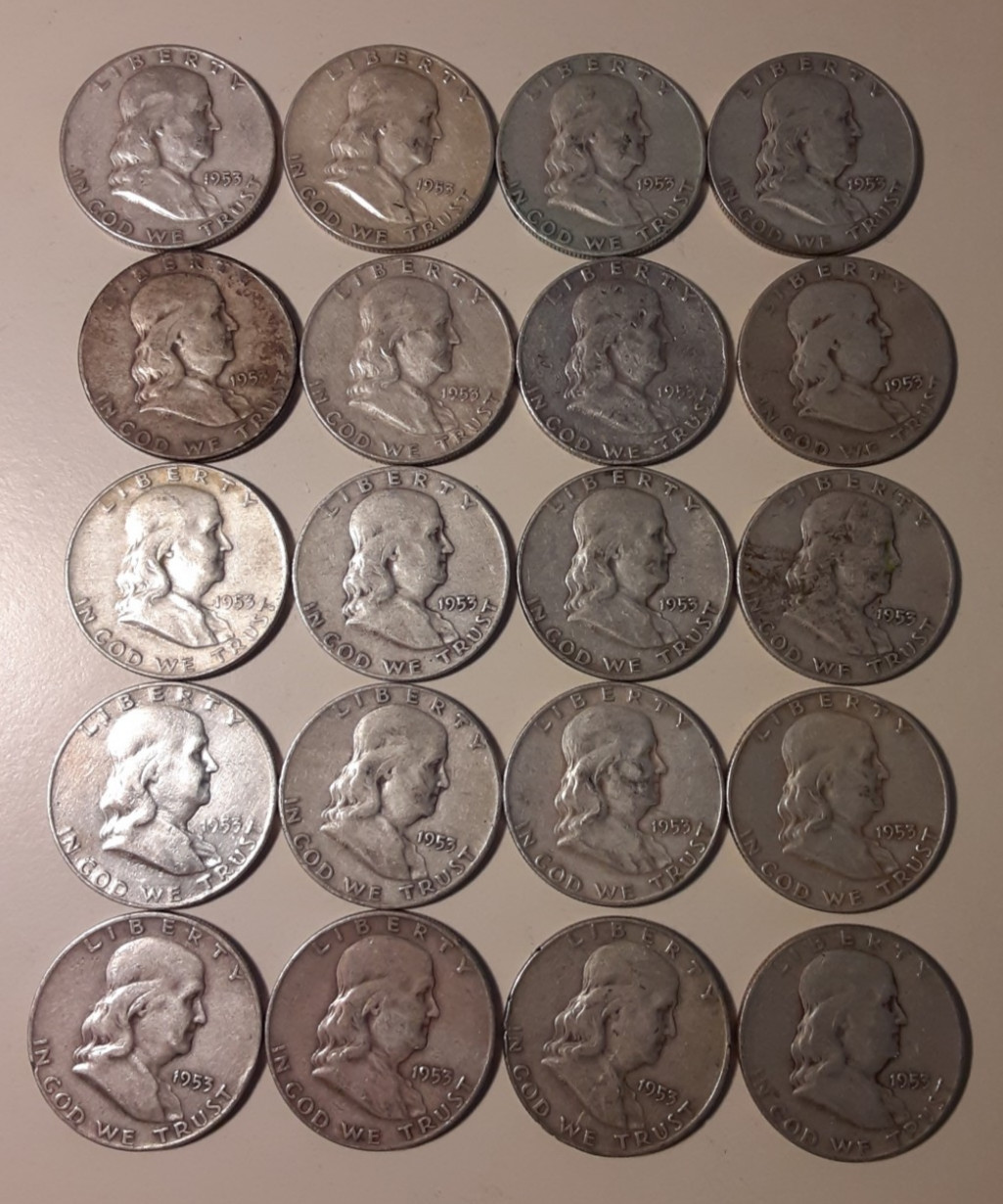 1953-D $10 Face Value 90% Silver Franklin Half Dollars various grades (#4-RDF)