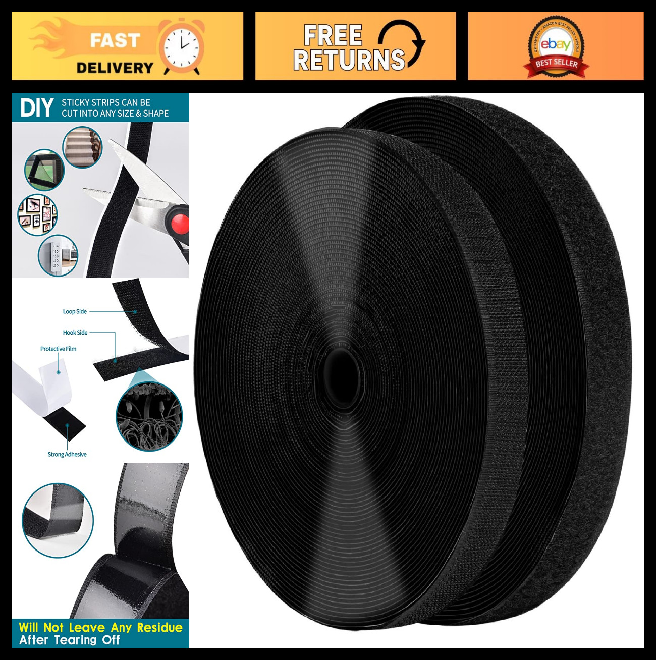Self-Adhesive Hook and Loop Tape 1" x 82ft, Heavy Duty Nylon Strips for Crafts &