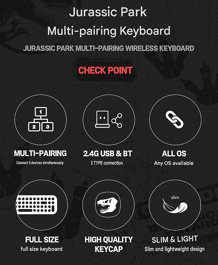 Universal Jurassic Park Wireless Keyboard Bluetooth Multi-Pairing Royche