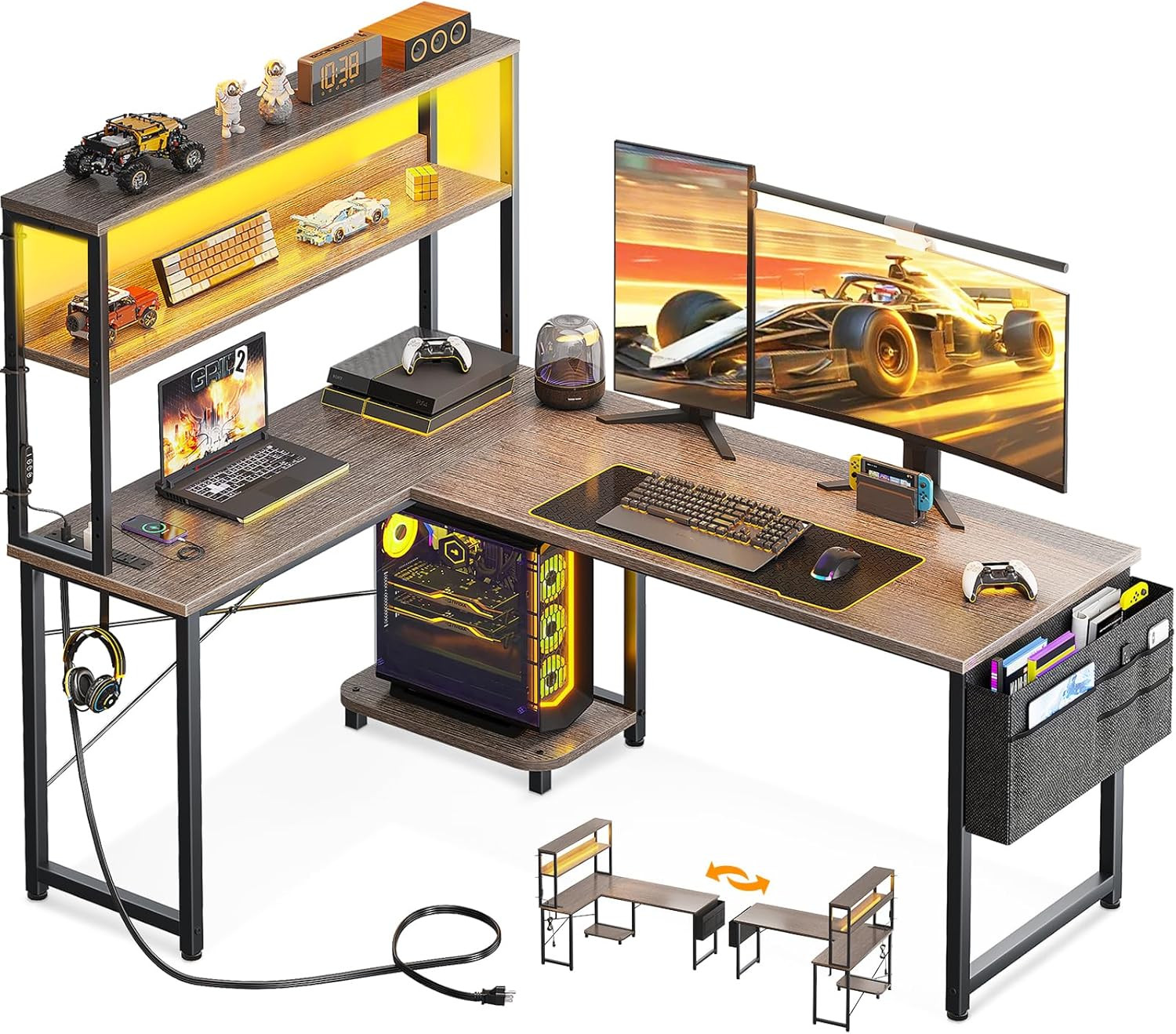 L Shaped Desk Gaming Desk with LED Light & Power Outlet, 53 Inch Reversible L Sh