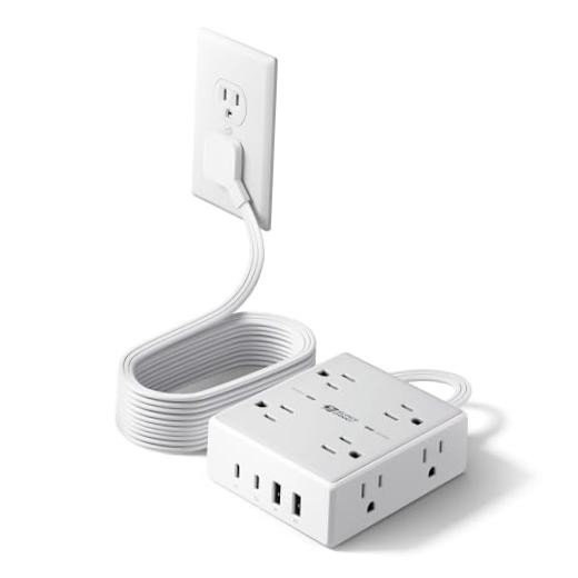 10Ft Extension Cord with Multiple Outlets, Flat 10FT-15W Standard Charge White
