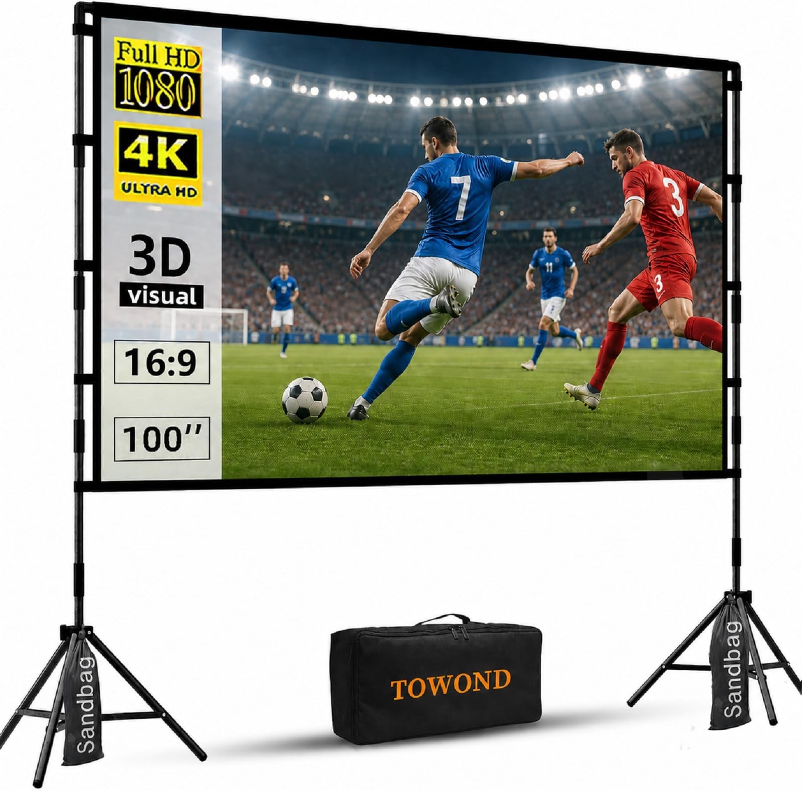 TOWOND Projector Screen with Stand, 100 inch Outdoor Projector Screen Portabl...