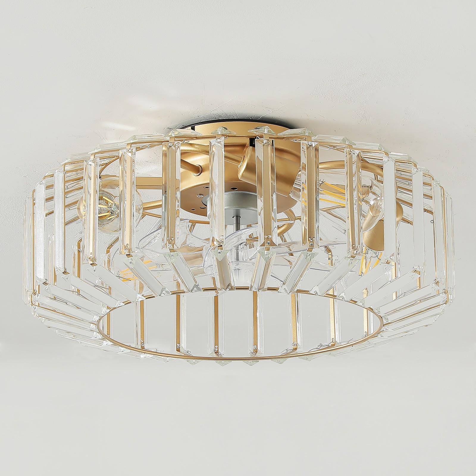 20" Modern Crystal Ceiling Fan with Light, Caged Flush Mount Ceiling Fan