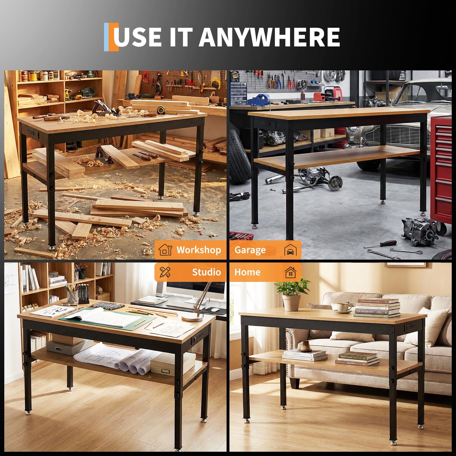 60" Adjustable Height Workbench 2500LBS Work Table w/Power Outlet ,Storage Shelf