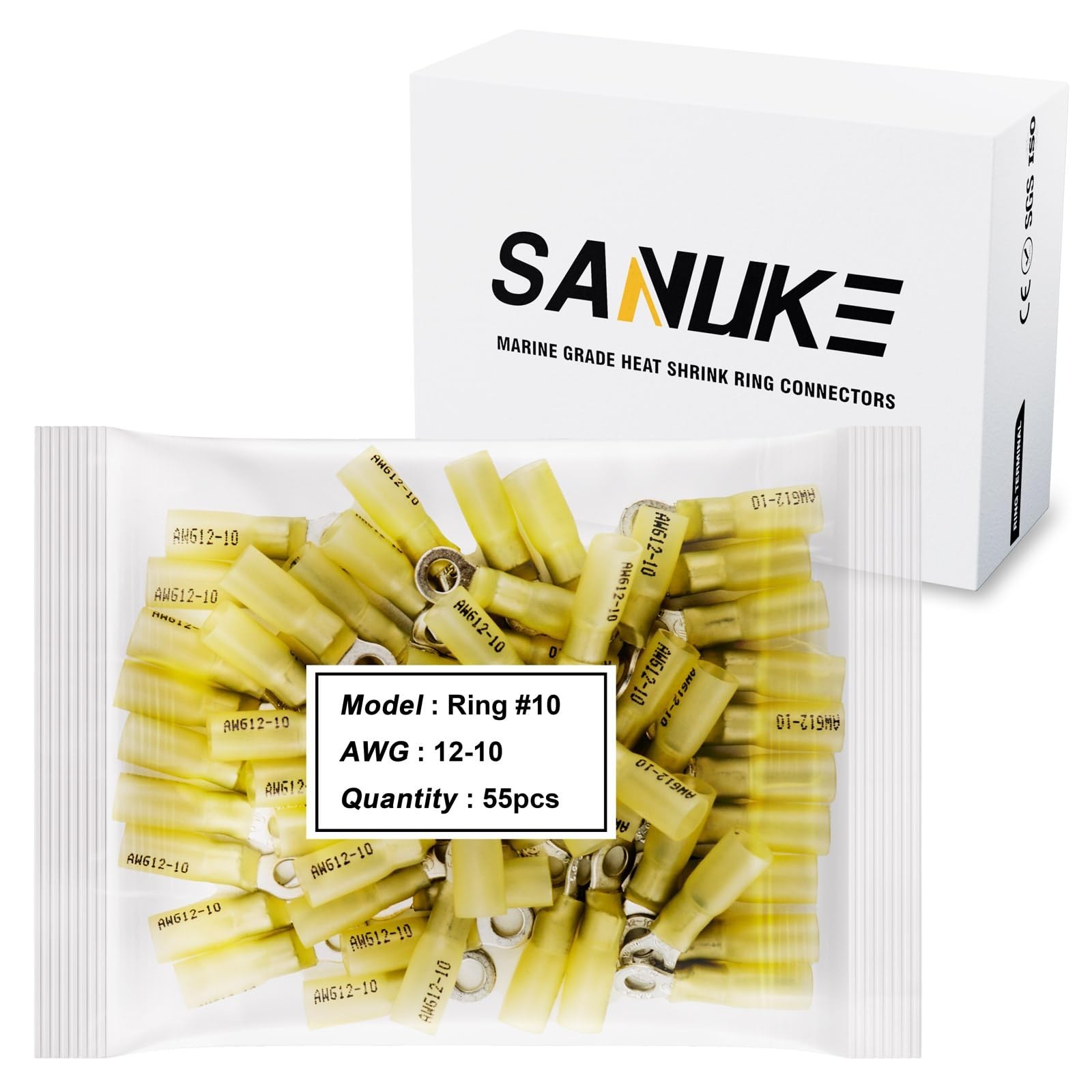 Sanuke 55Pcs 12-10 AWG - #10 Heat Shrink Ring Terminals 1.0mm Tinned Pure-Cop...