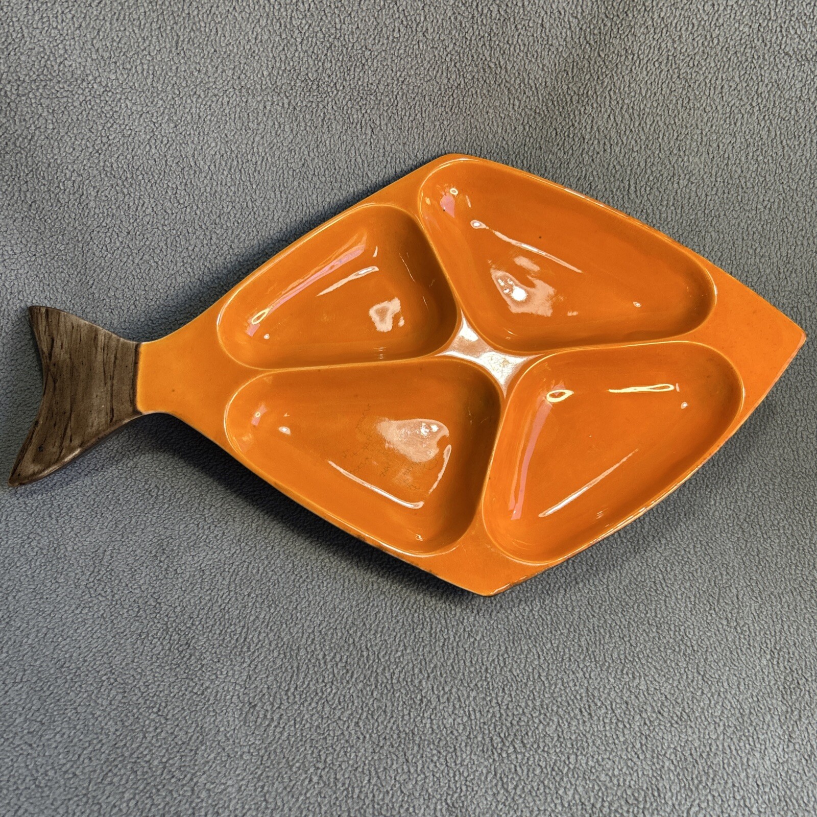 Vintage Ken Ocorr Ceramic Fish Orange Divided Serving Tray With Woodlook BaseMCM