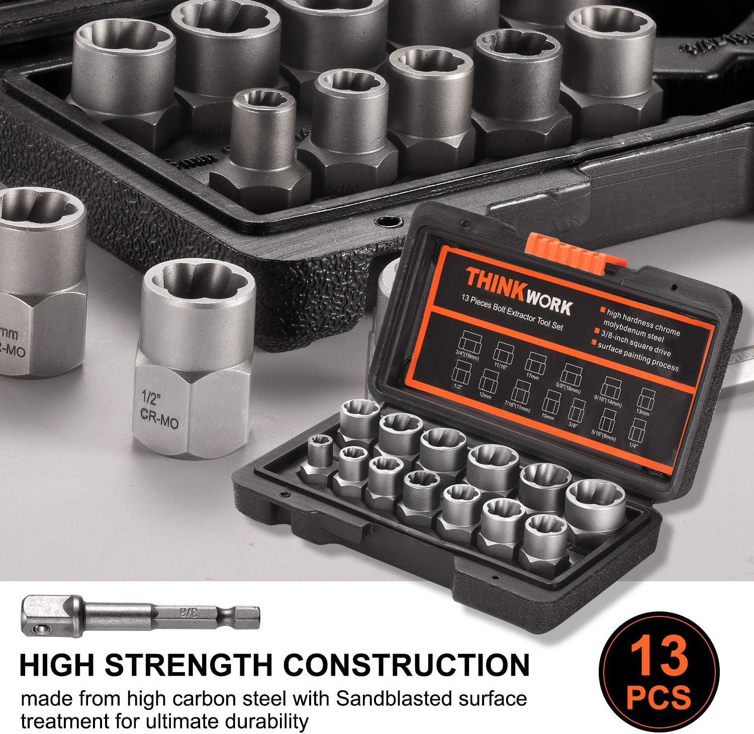 Bolt Extractor Kit, 13+1 Pieces Nut Extractor Socket Set, 3/8" Drive Rounded Bol