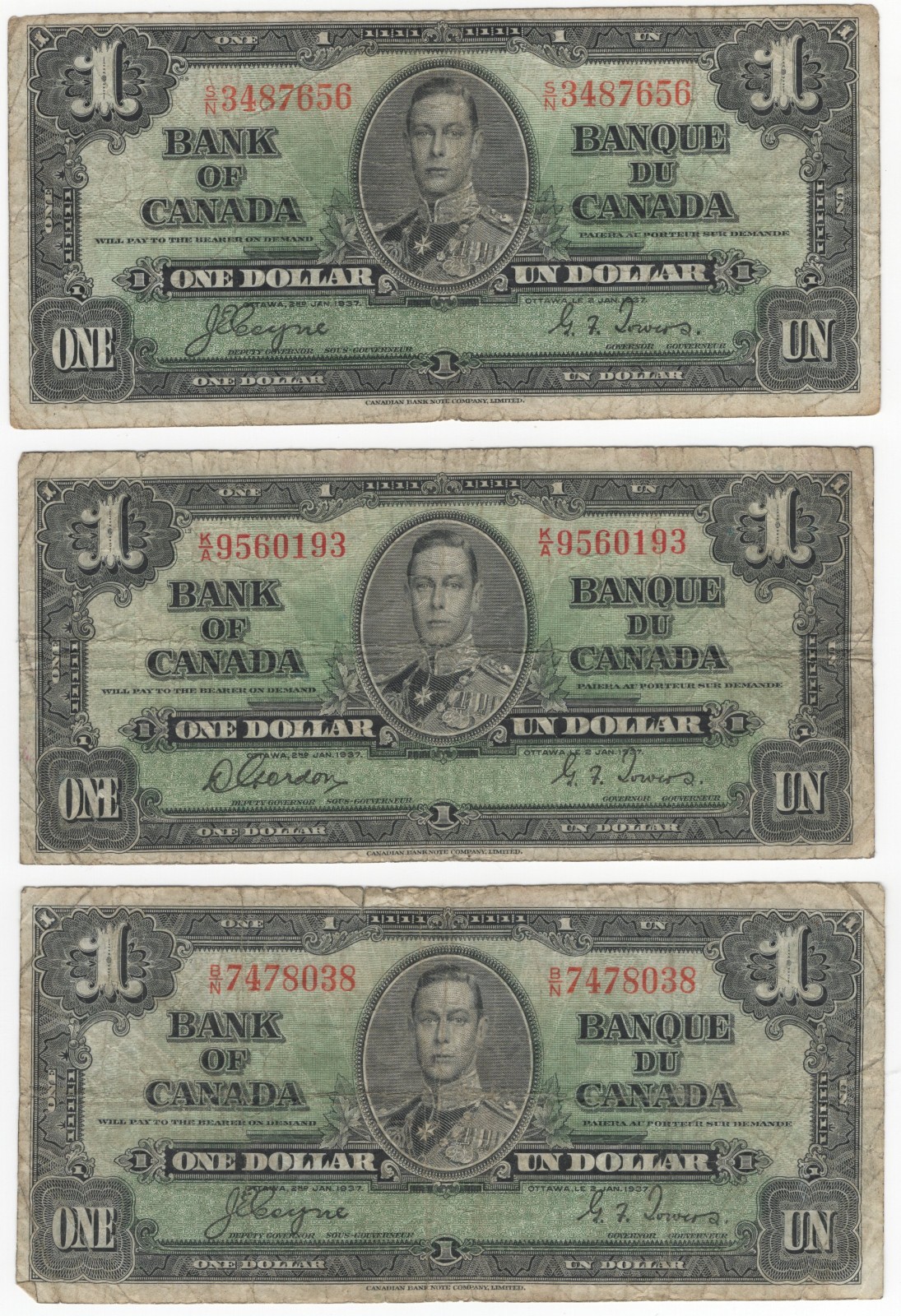 Bank of Canada 1937 $1 Lot of 3 Gordon-Towers/Coyne-Towers VG/FINE