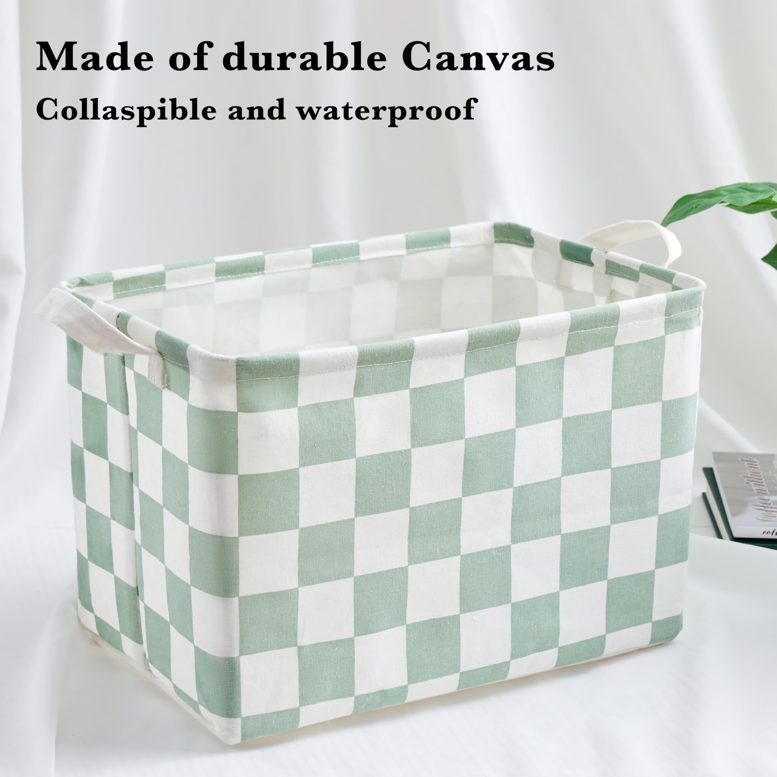 Sage Green Checkered Canvas Basket, Rectangular Organizing Decorative Storage...