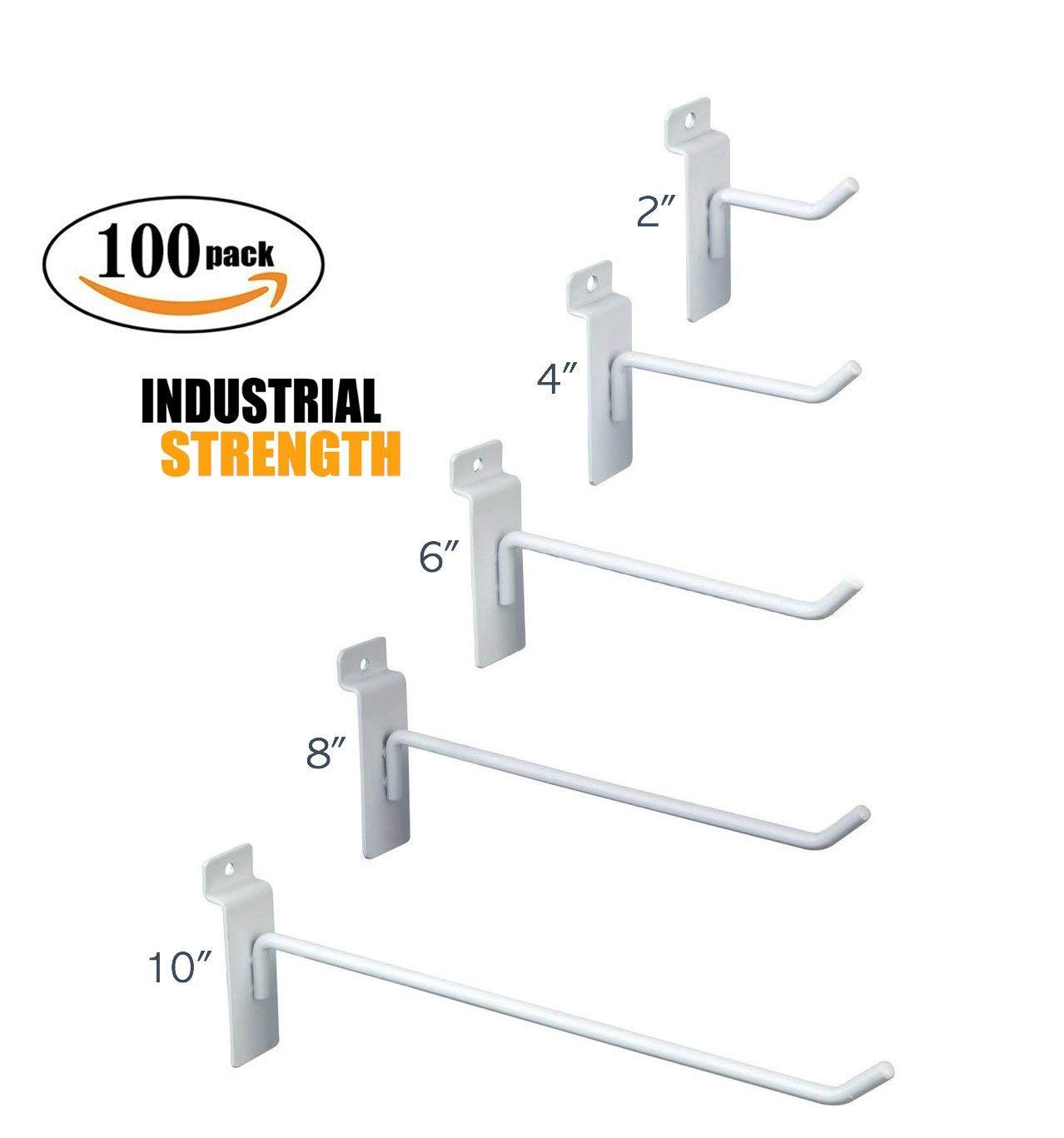 White Slatwall Hooks Combo Pk of 100 Assorted Sizes 20 of Ea 2",4",6", 8" & 10"
