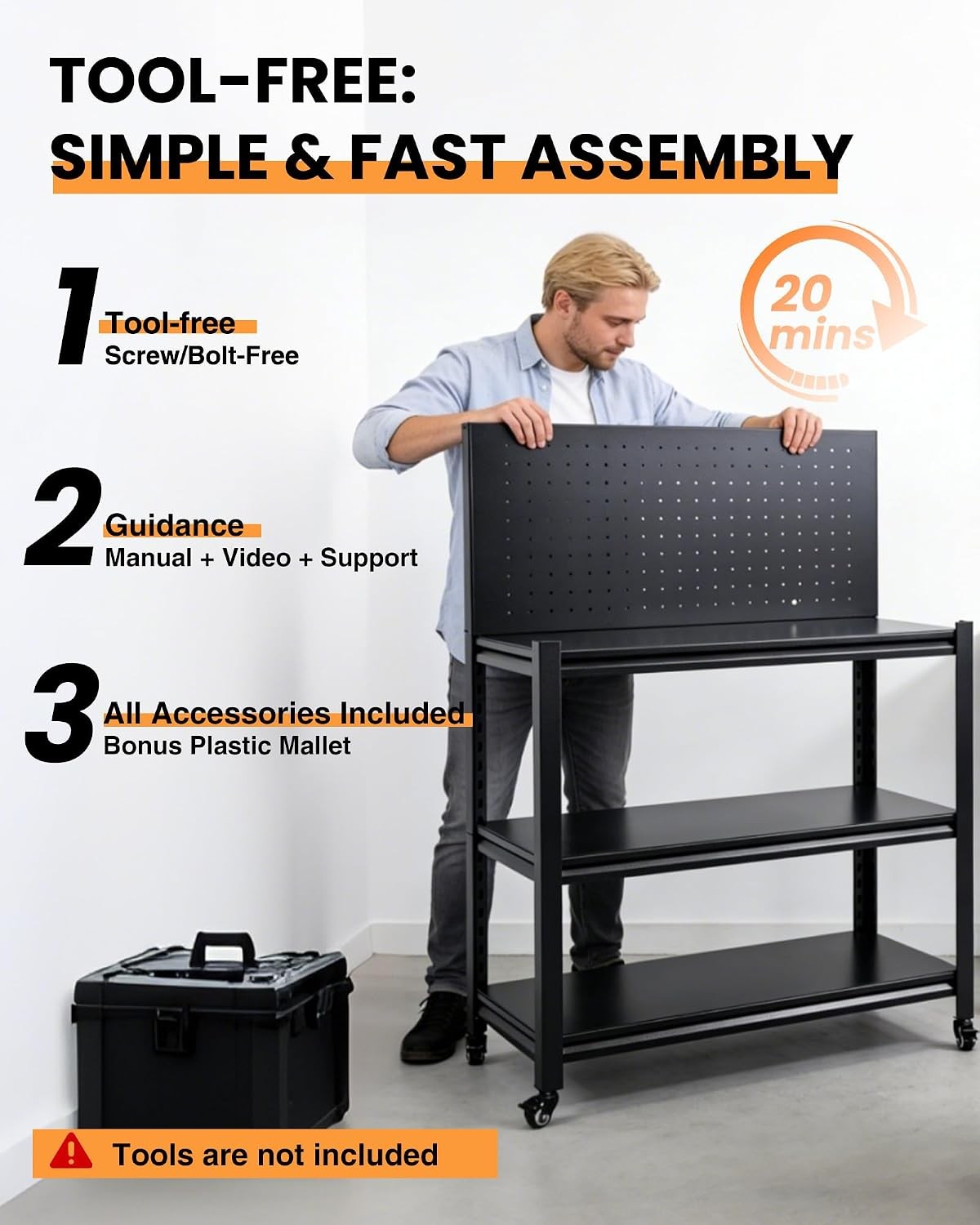 52" Rolling Work Table, Adjustable Height Workbench with Lockable Wheels, Pegboa