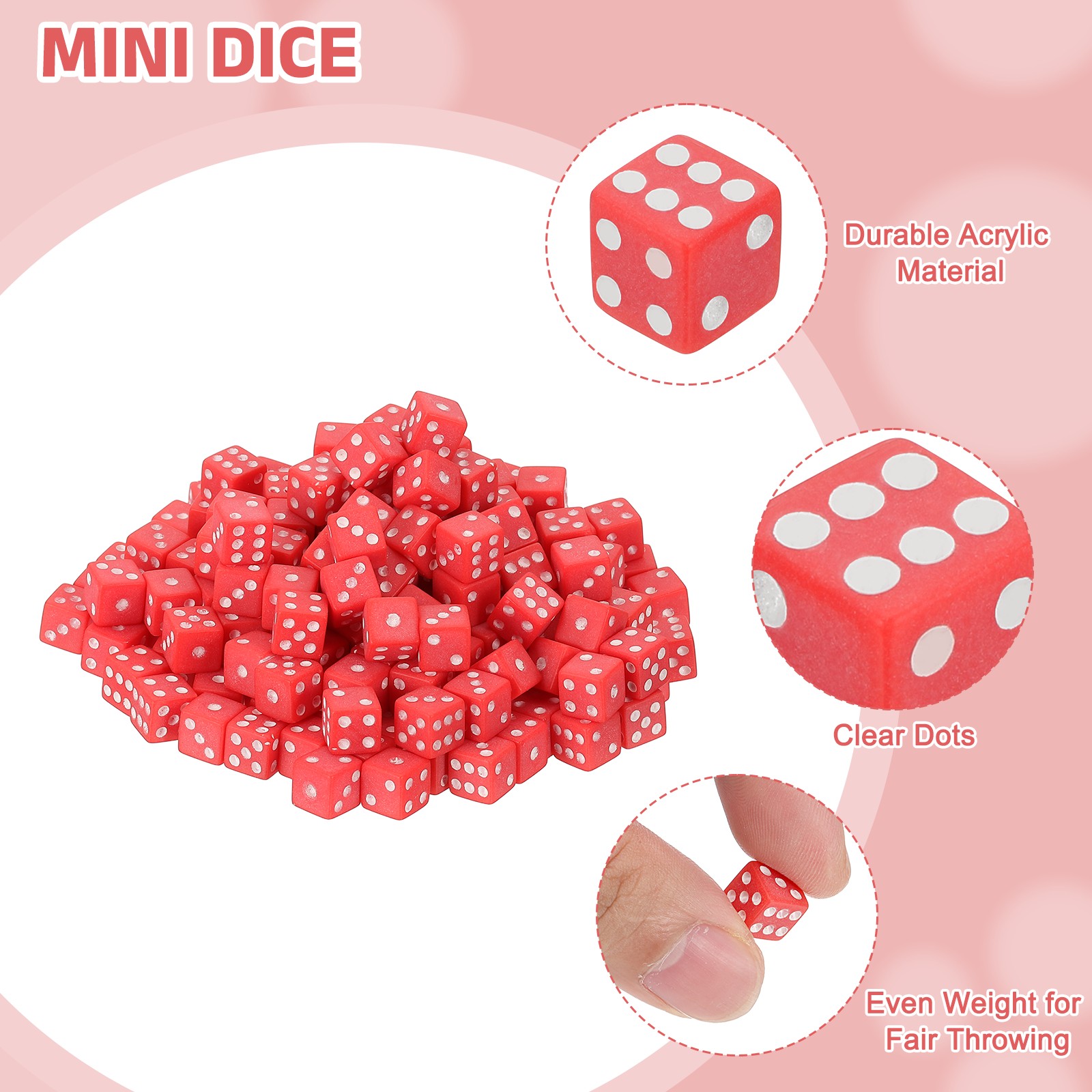 200Pcs Mini Acrylic Polyhedral Dice 8mm 6 Sided Square Corner Dice, Red