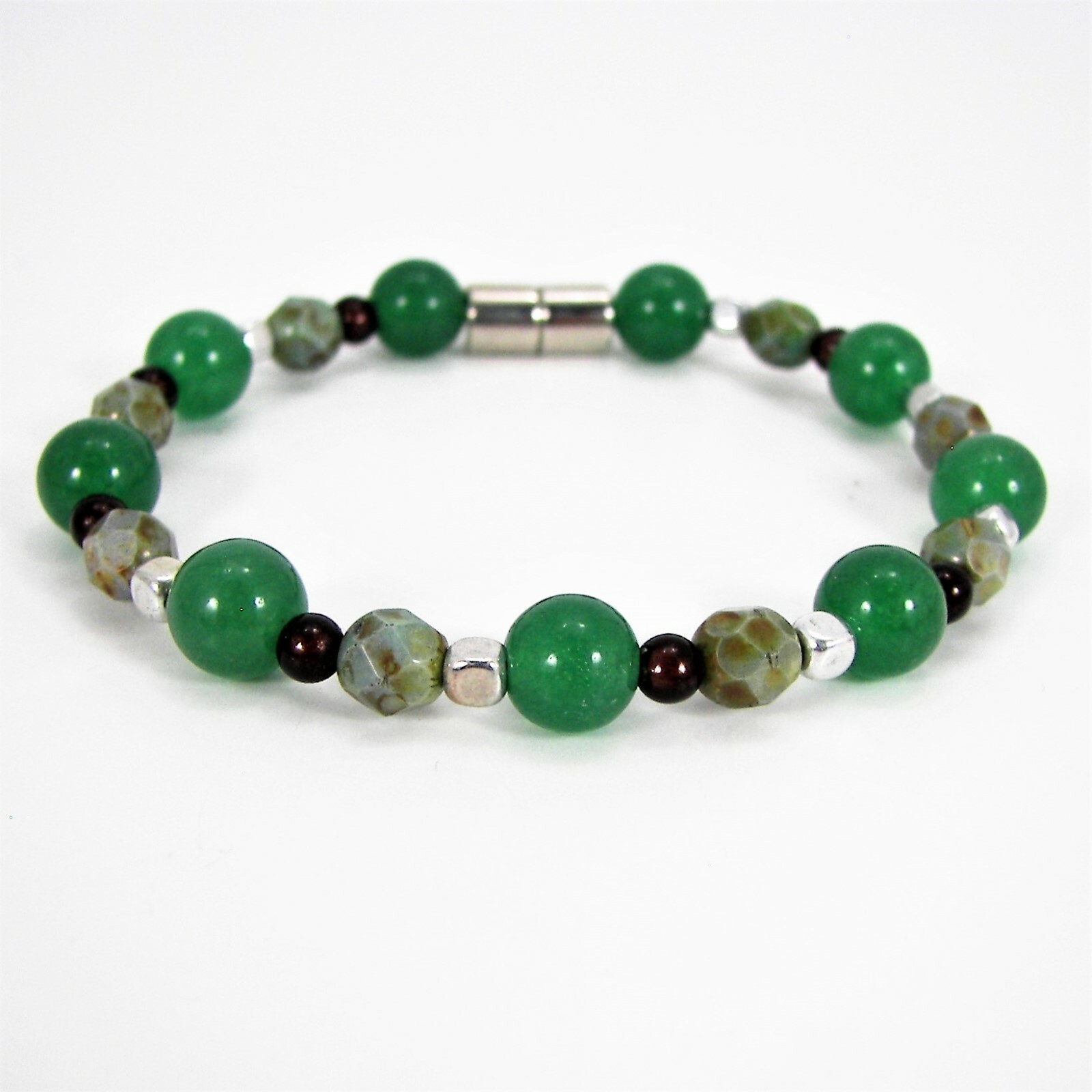 Handmade Bead Bracelet Light Green Aventurine and Silver Tone Metal Beads #43