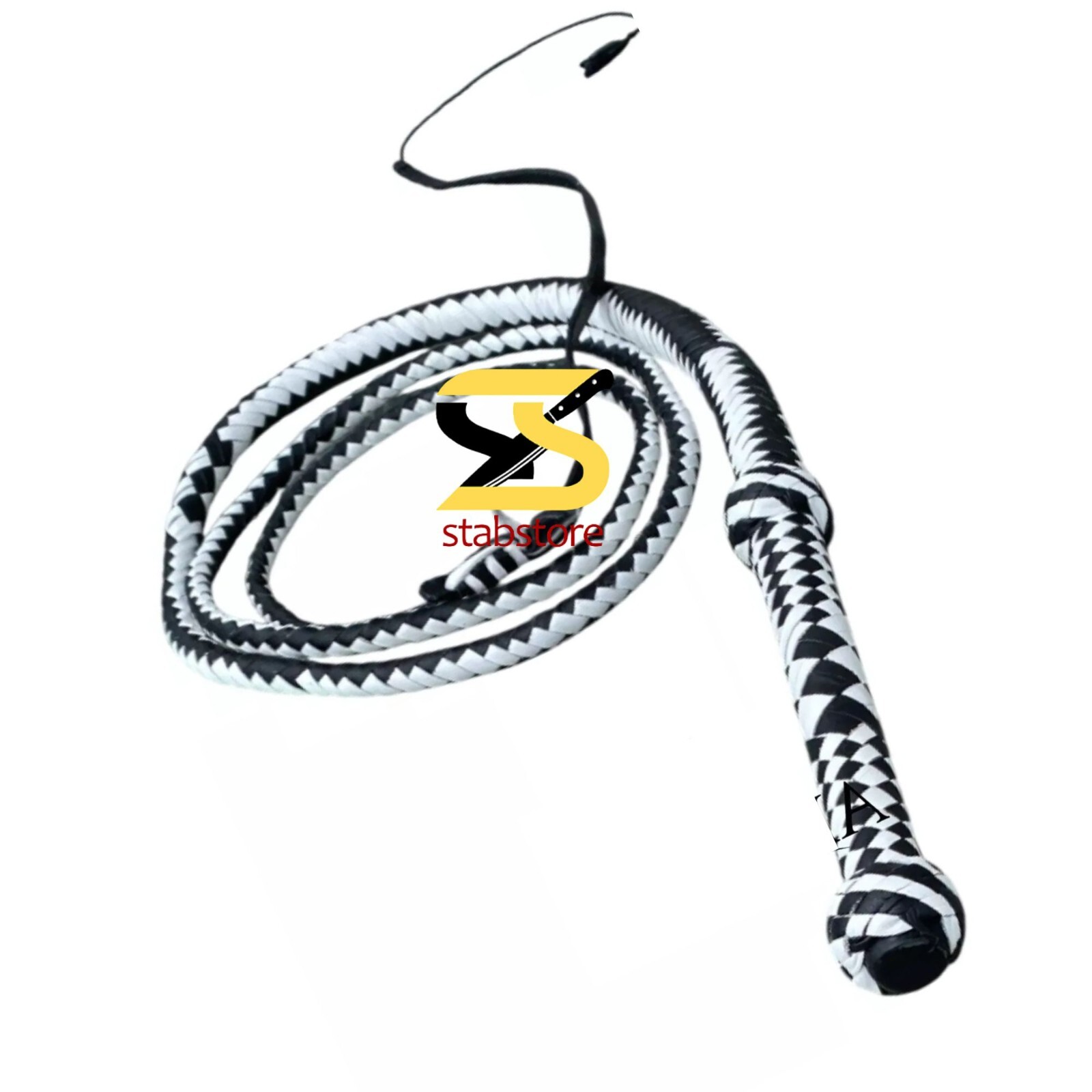 8 Feet Leather Stock Bullwhip 12 Plait Black & White Heavy Whip Loud Crack whip