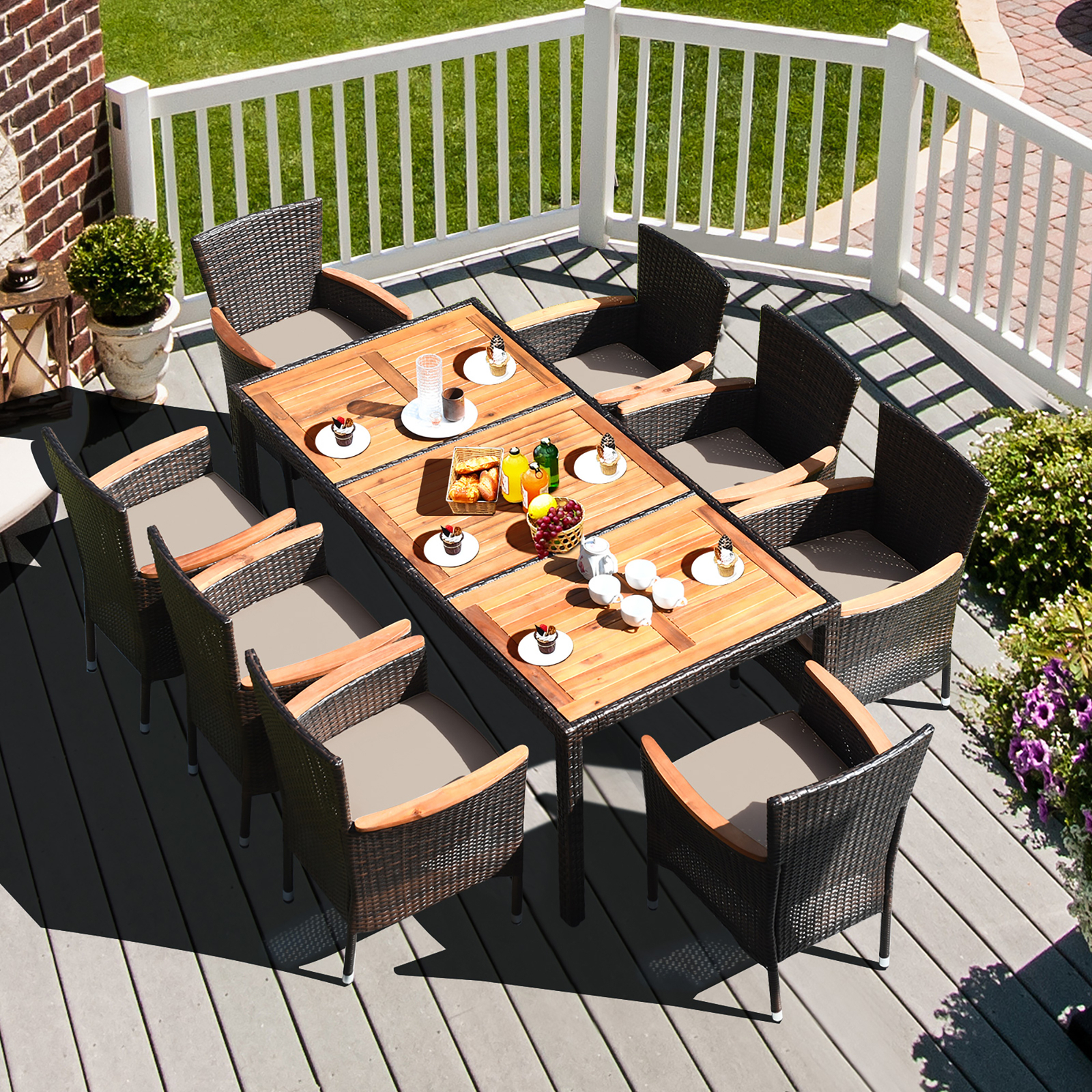 9PCS Rattan Patio Dining Set w/ 8 Stackable Cushioned Chairs Wooden Tabletop