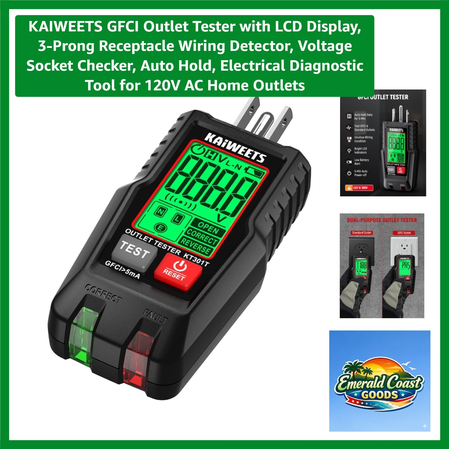 GFCI Outlet Tester with LCD Display, 3-Prong Receptacle Wiring Detector, Volt...