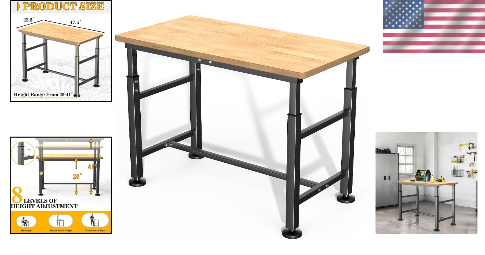 Rubberwood Adjustable Work Table - 47.5" Heavy Duty with Durable Steel Frame