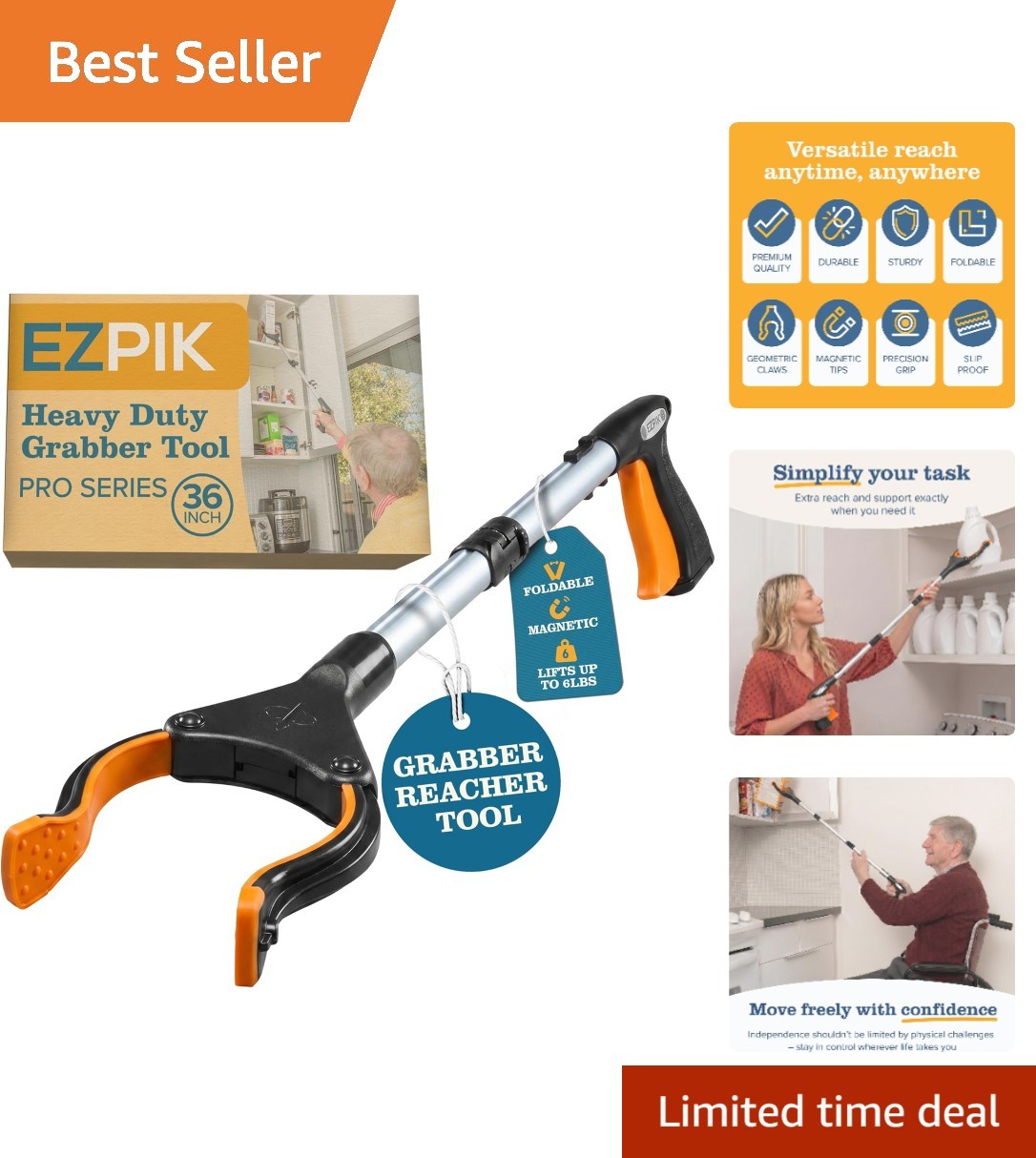 Lightweight 36" Folding Grabber Tool with Anti-Slip Jaw for Enhanced Grip