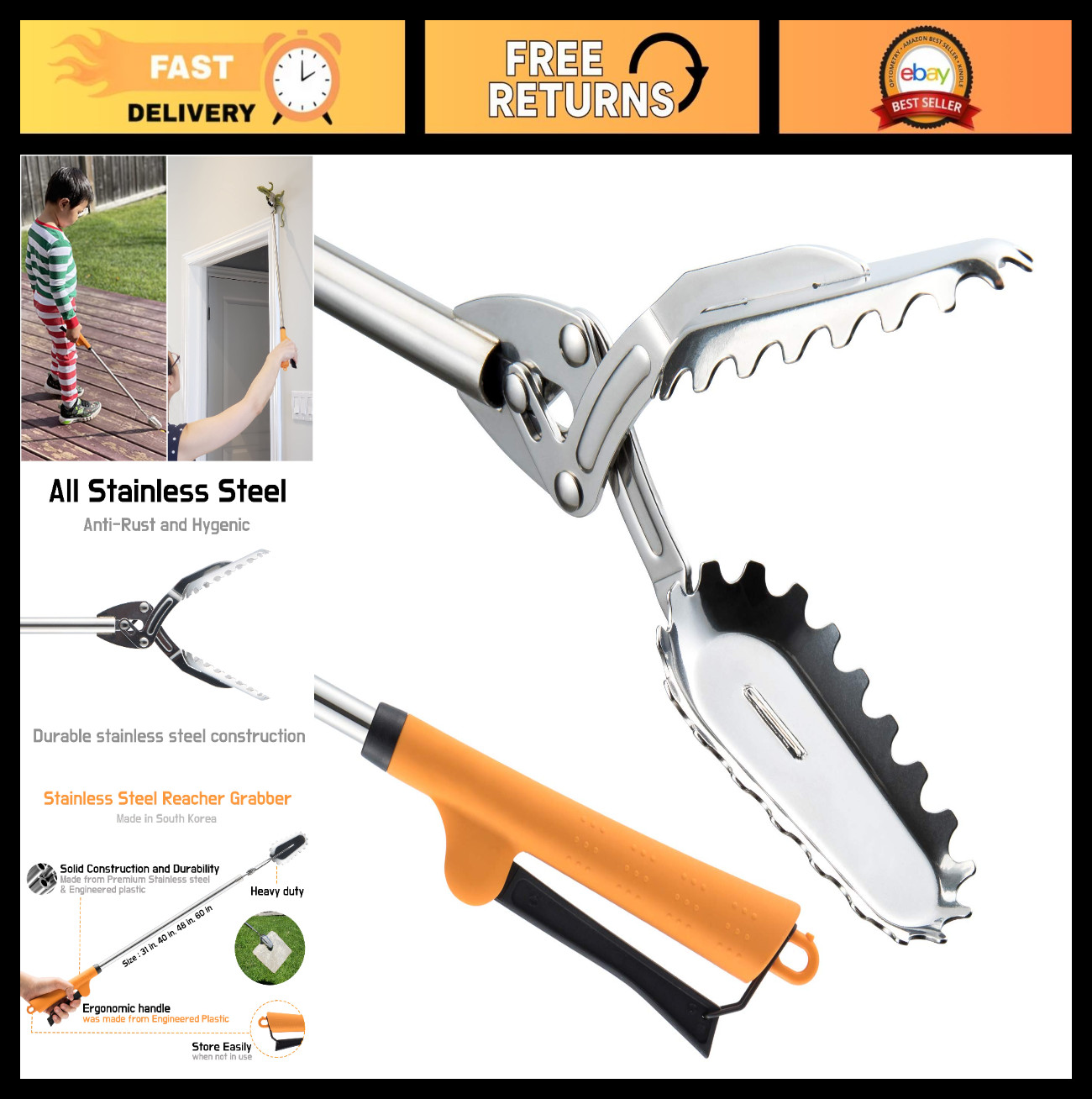 40" Heavy Duty Stainless Steel Grabber Reacher Tool | Outdoor Litter Picker, Tra