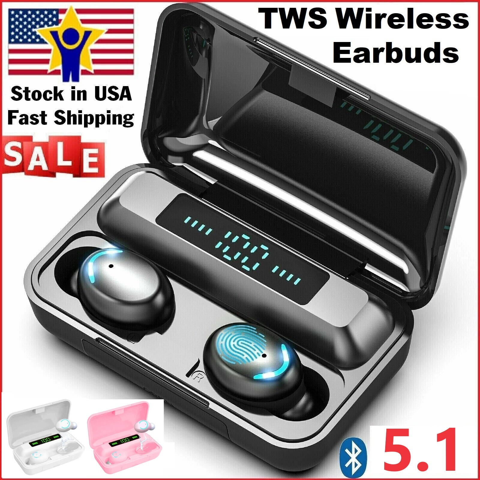 Bluetooth Earbuds TWS Wireless 5.1 Cell PC Earphones Waterproof Black Pink Blue