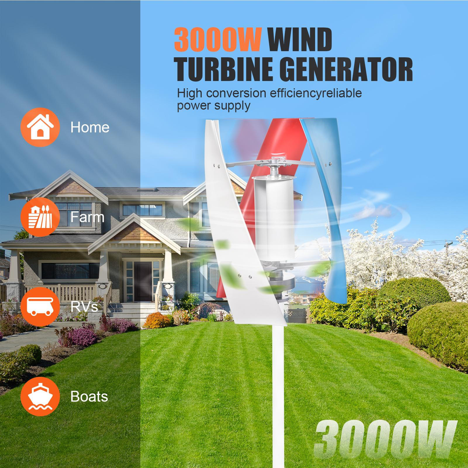 3000W 24V Vertical Axis Power Boost Wind Turbine Generator w/ Controller US