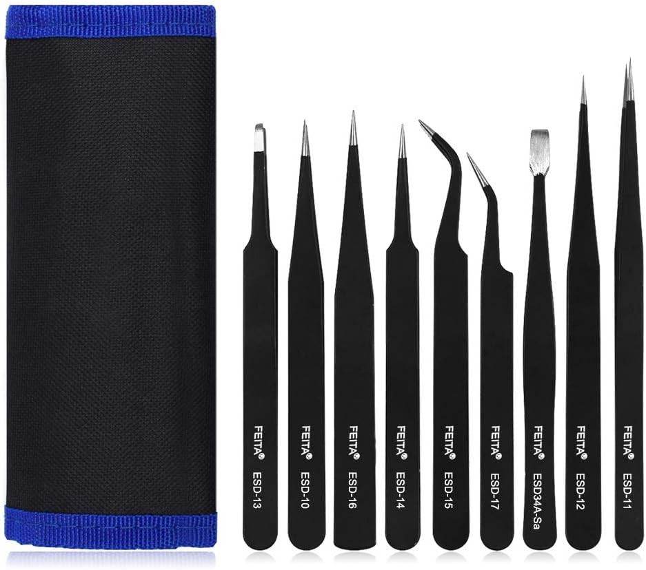 Precision Tweezer Set - FEITA Professional ESD Black Tweezers - 9pcs