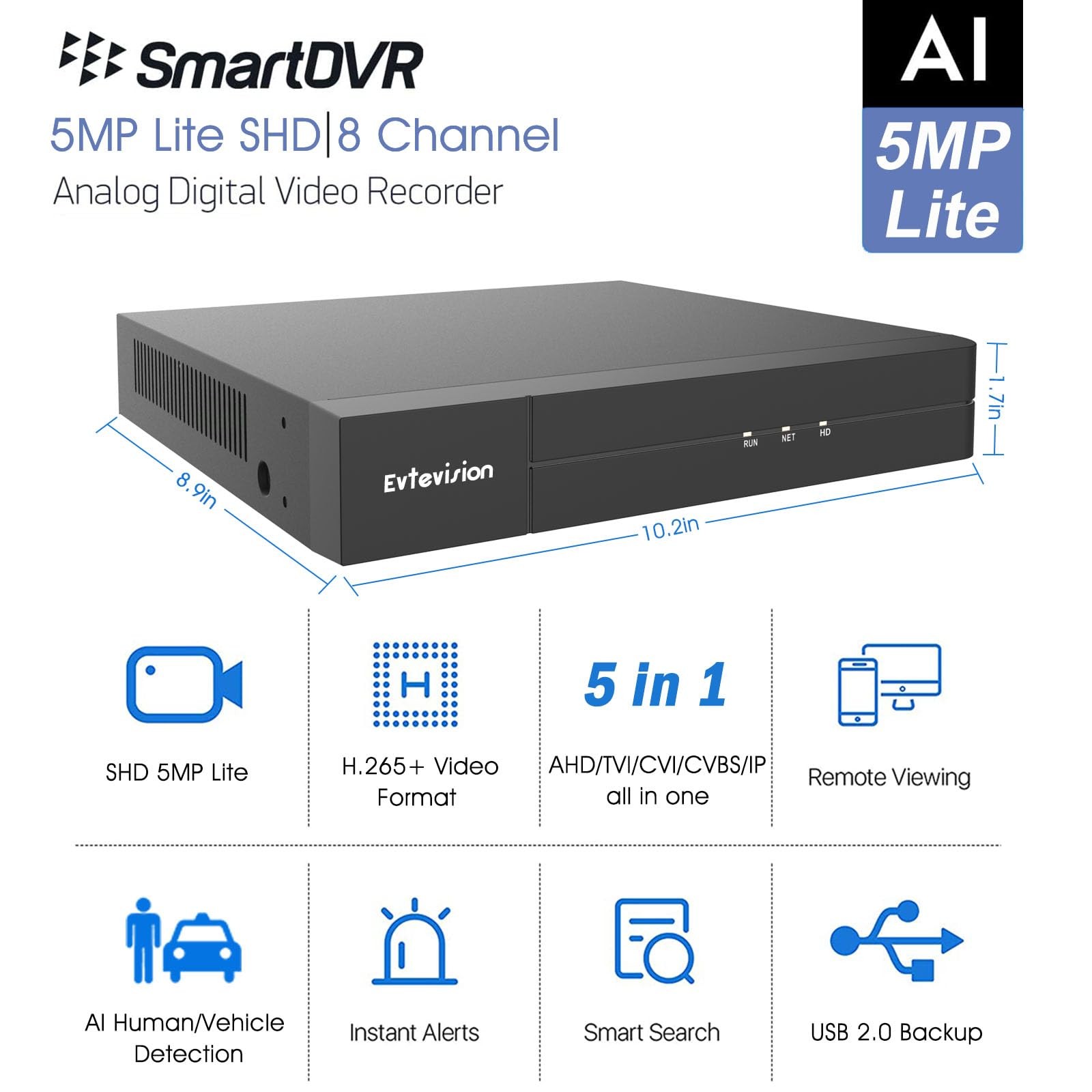 Evtevision 5MP Lite Security DVR Recorder with AI 8CH Lite, Black