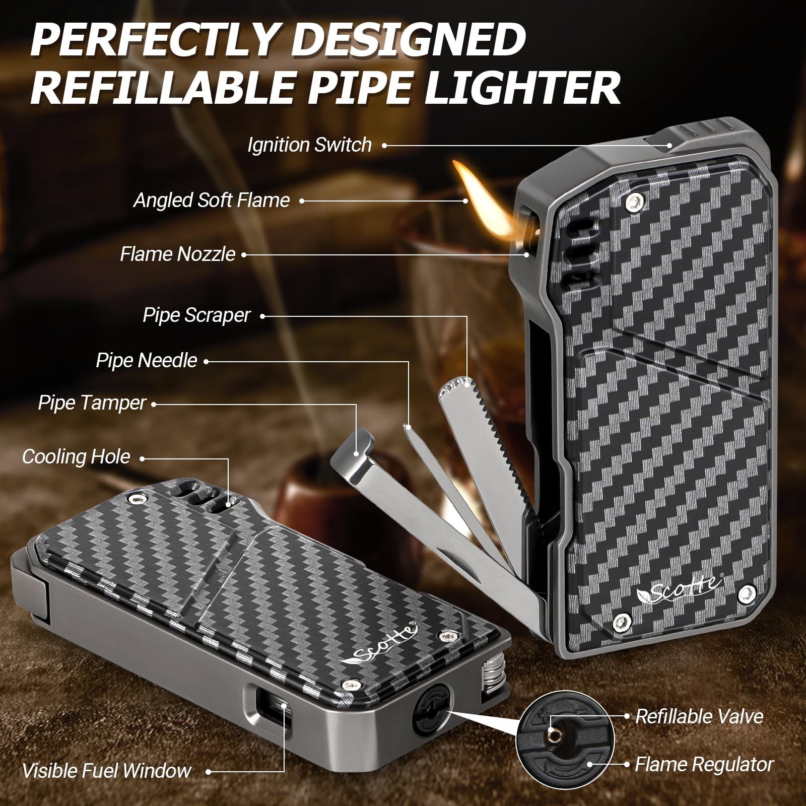 Handmade Pipe and Pipe Lighter Set, Wood Pipe and Various Pipe Accessories, S...