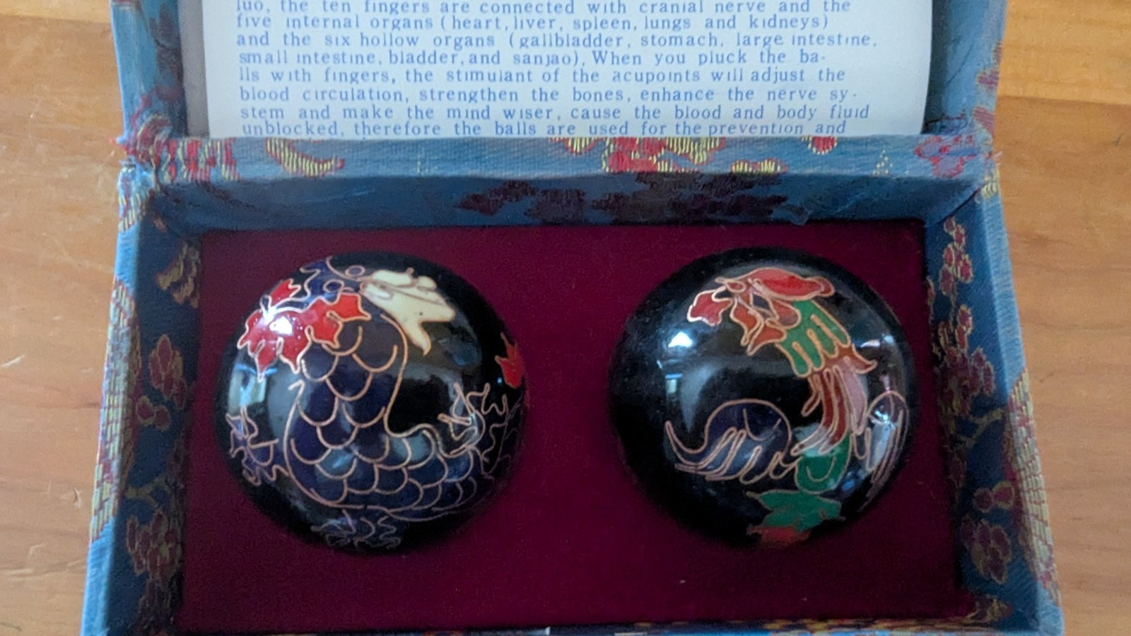 Cloisonne Baoding Balls Pair Black Hand Acupressure Massage Set w/ Box 2in